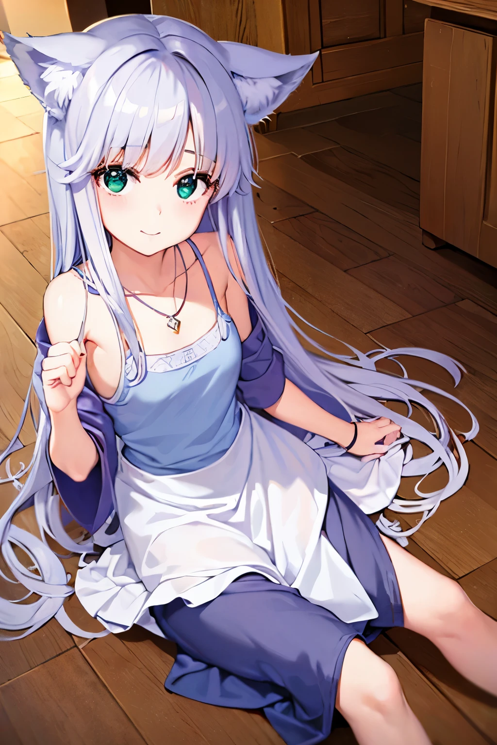 Ning Guang (Genshin), 1 female, solo, long hair, breasts, looking at viewer, smiling, bangs, large breasts, hair accessory, red eyes, dress, hugging, bare shoulders, sitting, white hair, heart, thighs, sleeves removed, solo focus, looking back, from behind, showing back, white dress, blurry, cheongsam, tassels, cheongsam, hand fan, pelvic curtain, hairpin, fan, holding fan, see-through, pussy visible through fabric, vagina visible through fabric, female genitalia visible through fabric