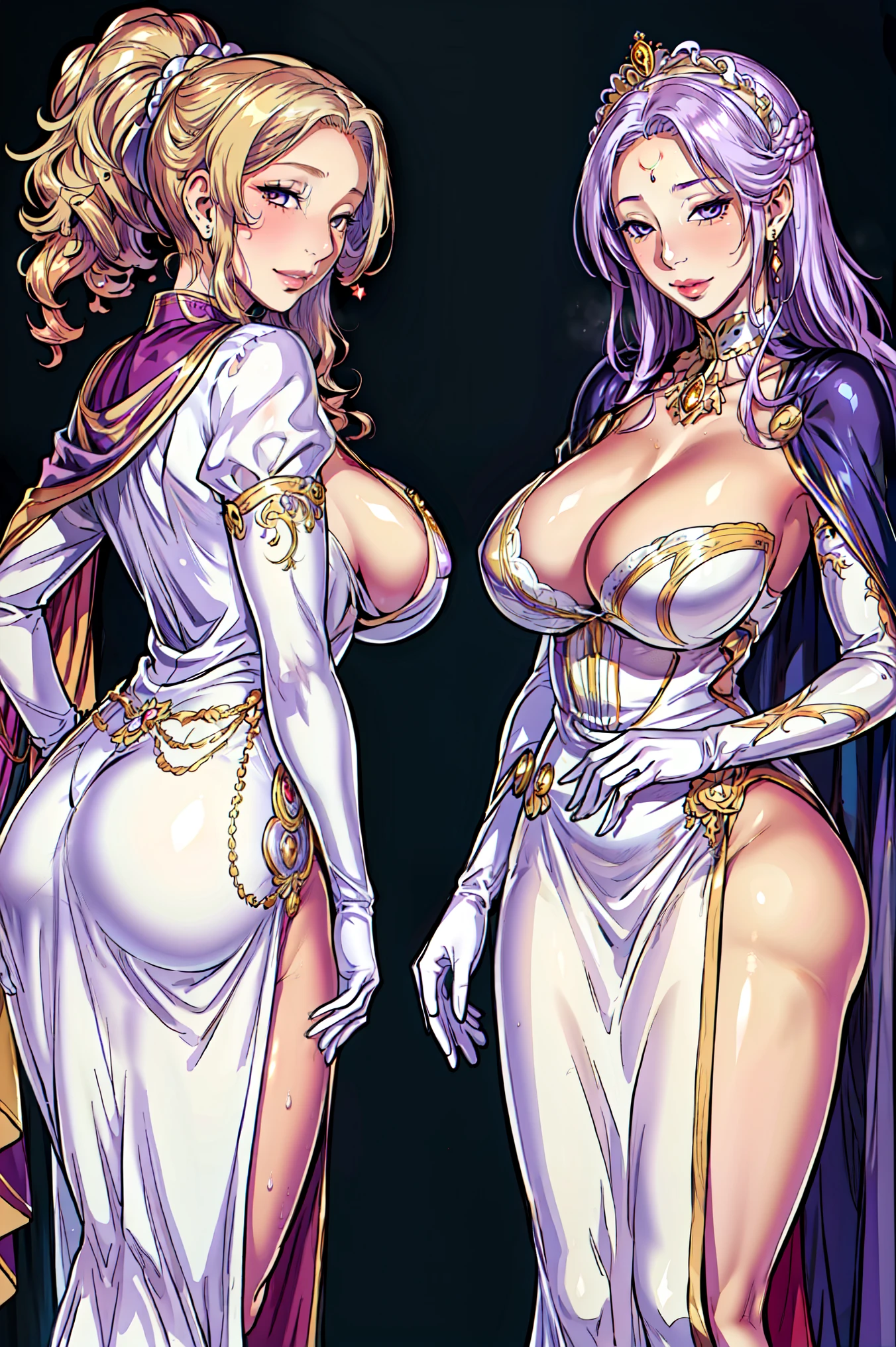 2women (aligned), (couple), (confrontation), (looking at viewer), jewel, gorgeous, splendid, luxurious, aristocrat, noble, arrogant, (golden), goddess, queen, curly hair, forehead, mature women, embroidery, white satin dress and gloves and cape, gleaming skin, sagging breasts, huge breasts, nagatiti, perfect eyes, (((face focus))), Simple Background, best quality, high resolution, all intricate,