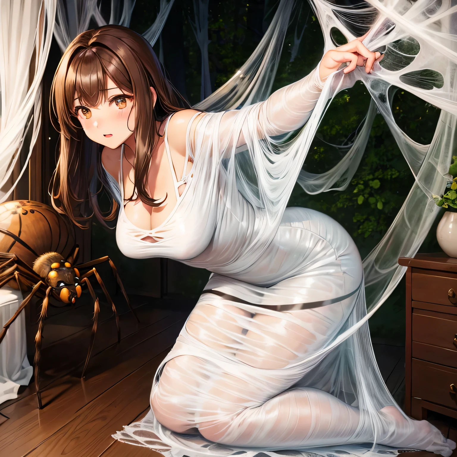 1girl,Spider weaving a net on the girl,réalism:1.2,ultra-detailed,bedroom setting,stretched pose,struggling in the net,brown haired,very long sheer skirt,oaken floor,soft sunlight,delicate spider silk,lace curtains,bedside table,decorative pillows