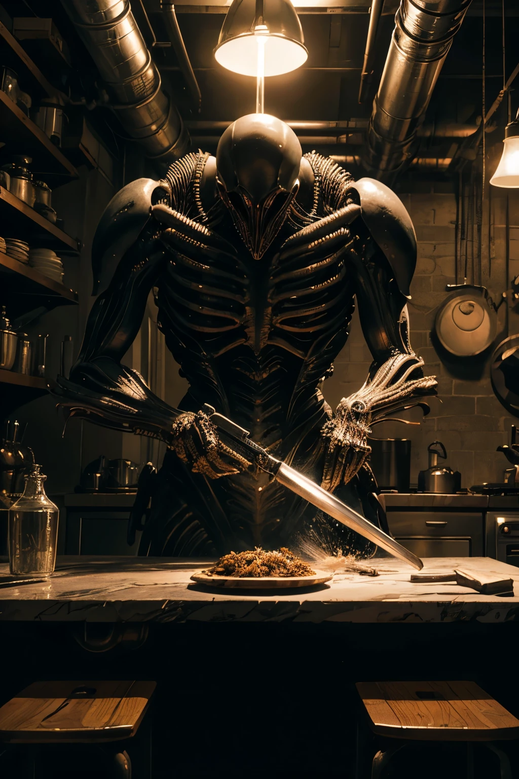 Xenomorphs meticulously prepare pilaf in a biomechanical kitchen, their long, slender arms intricately manipulating alien cooking utensils. The scene intriguingly blends the mundane act of cooking with the dark, twisted alien environment that surrounds them. Biomechanical structures towered above, pipes and tubes weaving together in complex networks, casting long, ominous shadows. The air was thick with a high contrast of organic and mechanical textures, a surrealistic perspective inspired by the masterful work of H.R. Giger. The eerie lighting added to the suspenseful atmosphere, illuminating the intricate detailing of every structure and pipe,