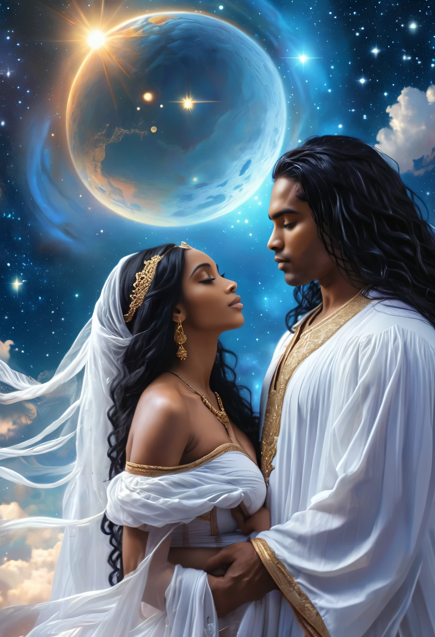 Novel in a celestial landscape, the title is Soulmate, couple of black judges, she is pregnant, she is African mixed indian with long black hair; he is a young judge with long tied white hair, very fine face, (((very beautiful))), perfect faces, whole body, romantic scene, romantic Way, sexy couple, 8K, extremely detailed, (high quality, realistic, photorealistic: 1.37)