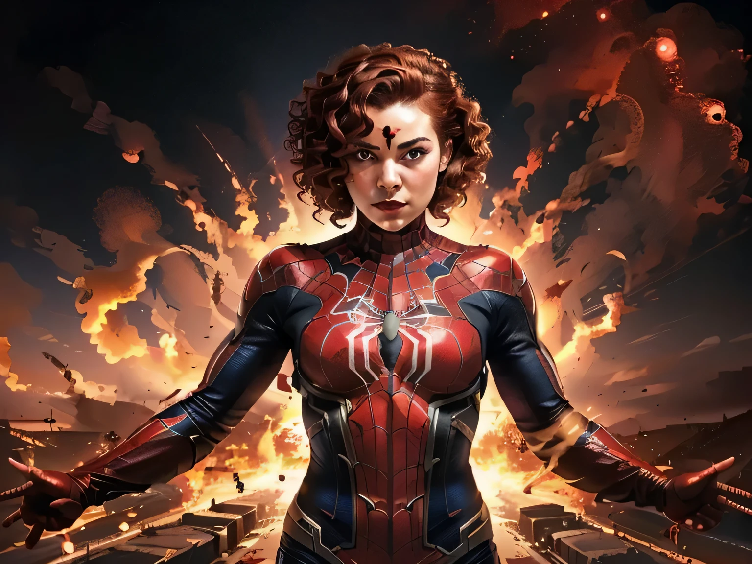 Girl (red curly hair) in solid Spider man complete suit with red eyes and red spider symbol on her chest , complete body, red spider man boots