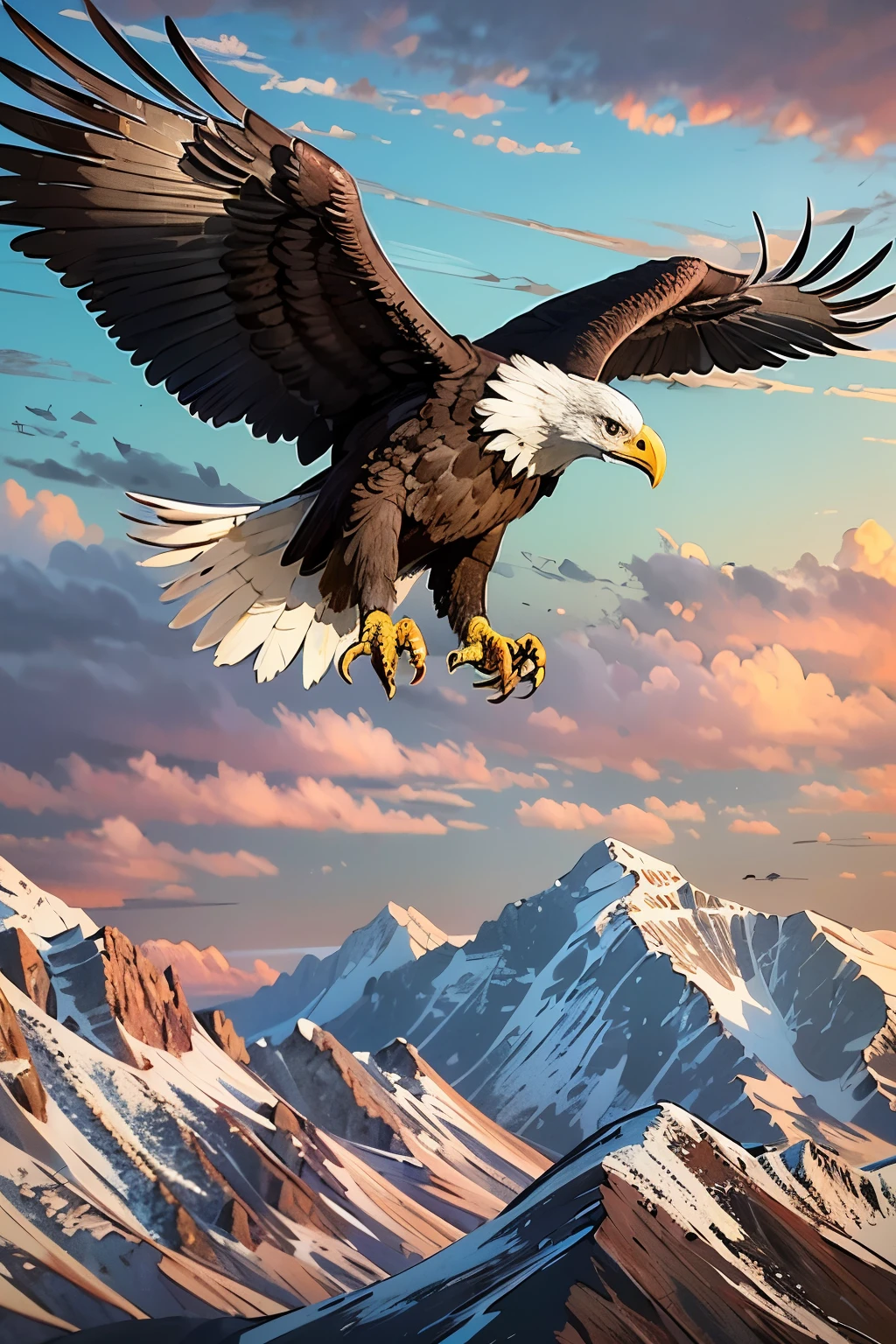 A life-like picture of a proud majestic American Bald Eagle in flight over the top of a mountain. A bold, proud American flag flies in the background. dynamic lighting, bold lines
