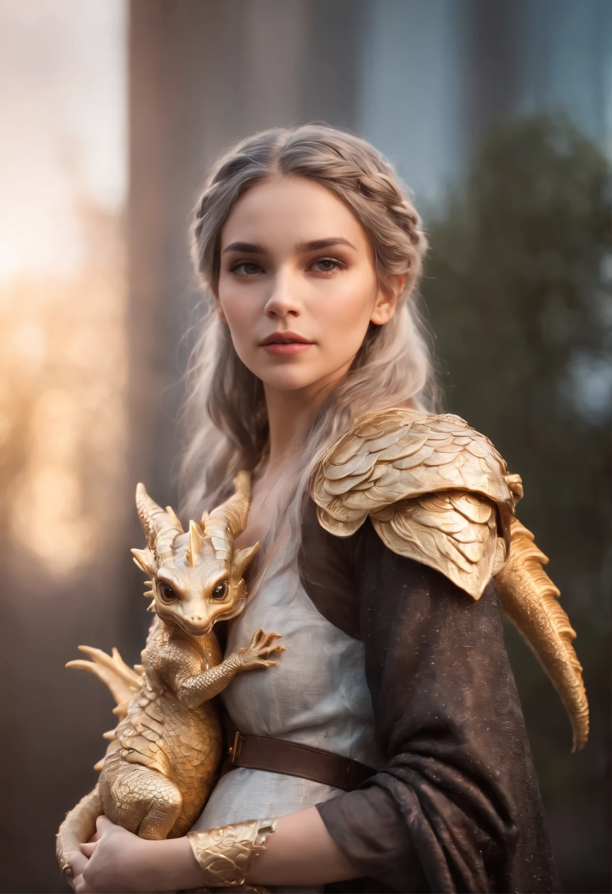 Cute young braided ombre brown-silver-haired cyberpunk girl holding her golden dragon, fantasy, exquisite detail, 30 - catch light, low - contrast, High - sharpness, depth - of - field, golden - hour, ultra - detailed photography, shiny stars in the sky