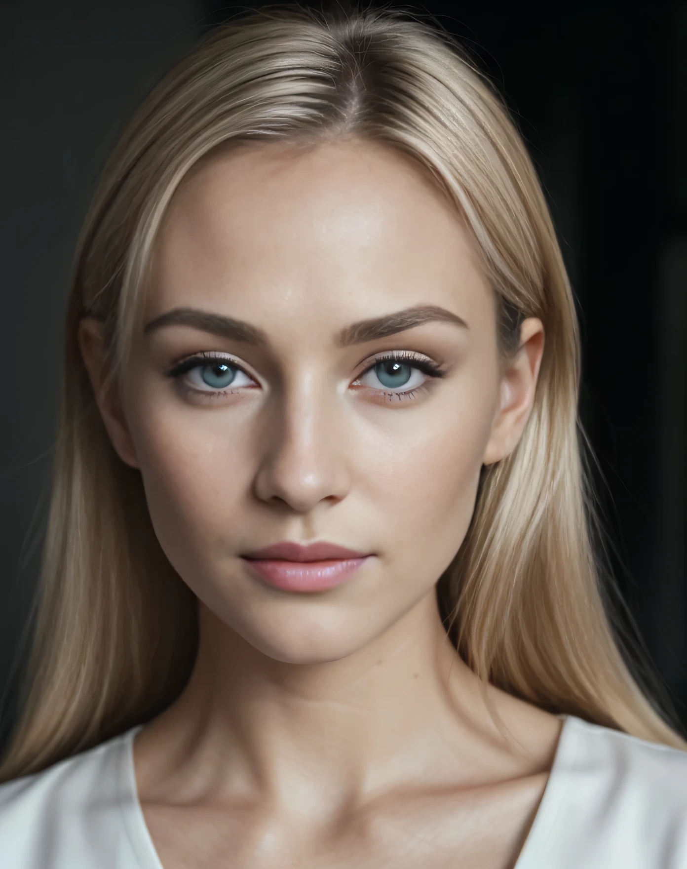 frontal photo, portrait of a blonde woman with straight blond hair, very details pronounced deep-green eyes, a very fine nose, snub nose. Very seductive and bewitching, her face is very well proportioned with the golden ratio. Thin face. Visible skin pore. a few small wrinkles on the forehead and corner of the mouth. She should have a natural. Influencer, no makeup, instagram, no hair in Front of the Face, no lipstick, natural skin, no make-up, thin, Cinematic angle, (depth of field:1.3), (close-up:0. 7), (very detailed RAW photo), (Extremely detailed skin, photorealistic, Main light, Fill light), sharp focus, cinematic, imperfect skin, Fabrics, Textures, detailed face, detailed skin, analog film photo Deep photo, depth of field, Ferrania P30 Film, Perfect face Flash camera, Washed out film, desaturated, 35mm photo, Grainy, Kodachrome, Lomography, very detailed