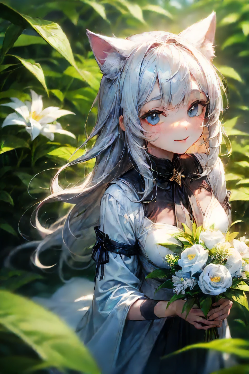 ((Masterpiece)), (Anime:1.3), ((best quality)), (RAW photo: 1.2), (High Definition:1.3), (Professional Photography:1.2), from above, textured skin, cinematic lighting, (Very unruly hair), medium hair, Very happy smile, Slender small breasts, (holding a bouquet of flowers with both hands), Luxury white shirt with beautiful decoration, Cat ears, pale silver hair, Big eyes, Cute Beautiful Girl, BREAK, ((best quality)), Beautiful ruins with lush vegetation and flowers, Sunny day