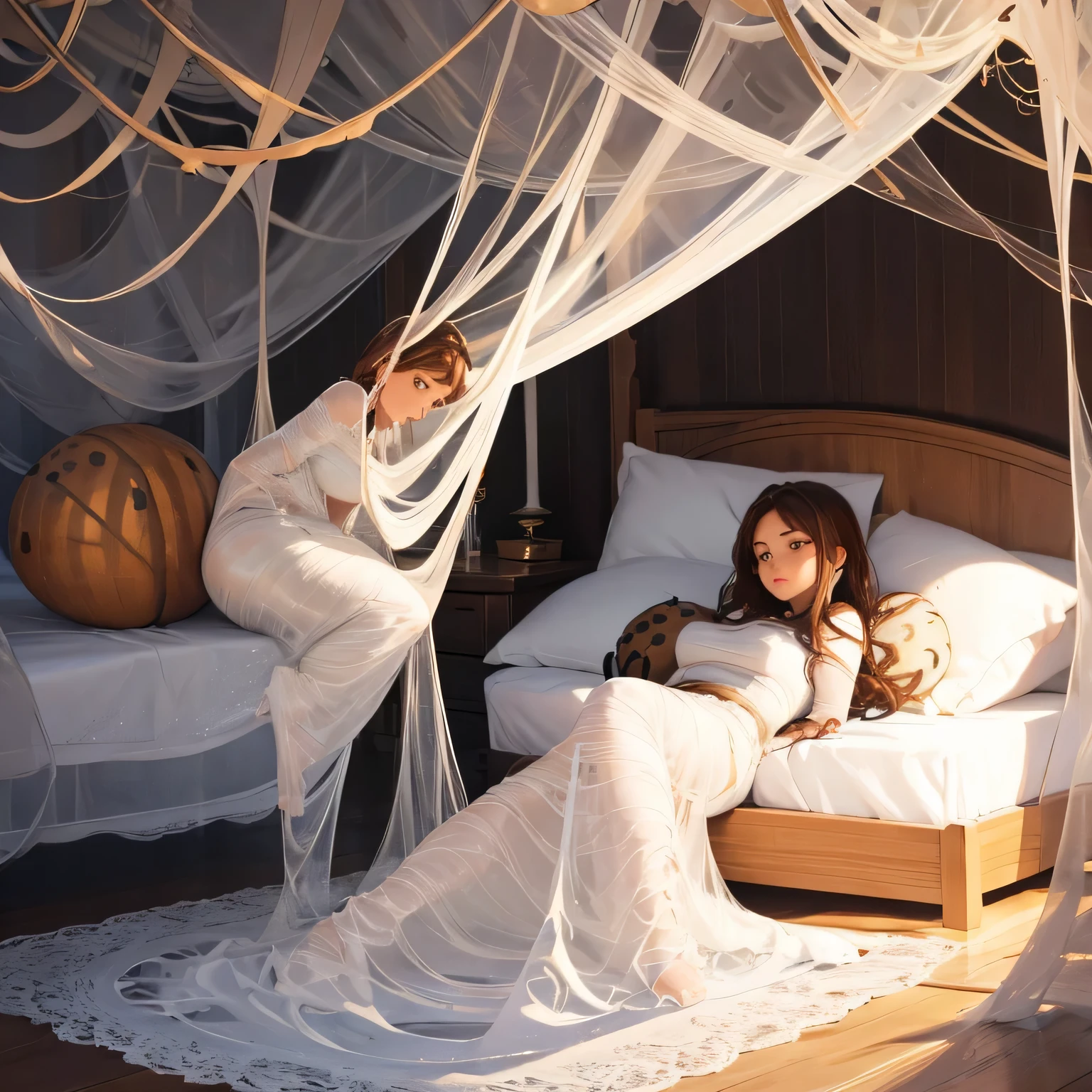 1girl,Spider weaving a net on the girl,réalism:1.2,ultra-detailed,bedroom setting,stretched pose,struggling in the net,brown haired,very long sheer skirt,oaken floor,soft sunlight,delicate spider silk,lace curtains,bedside table,decorative pillows