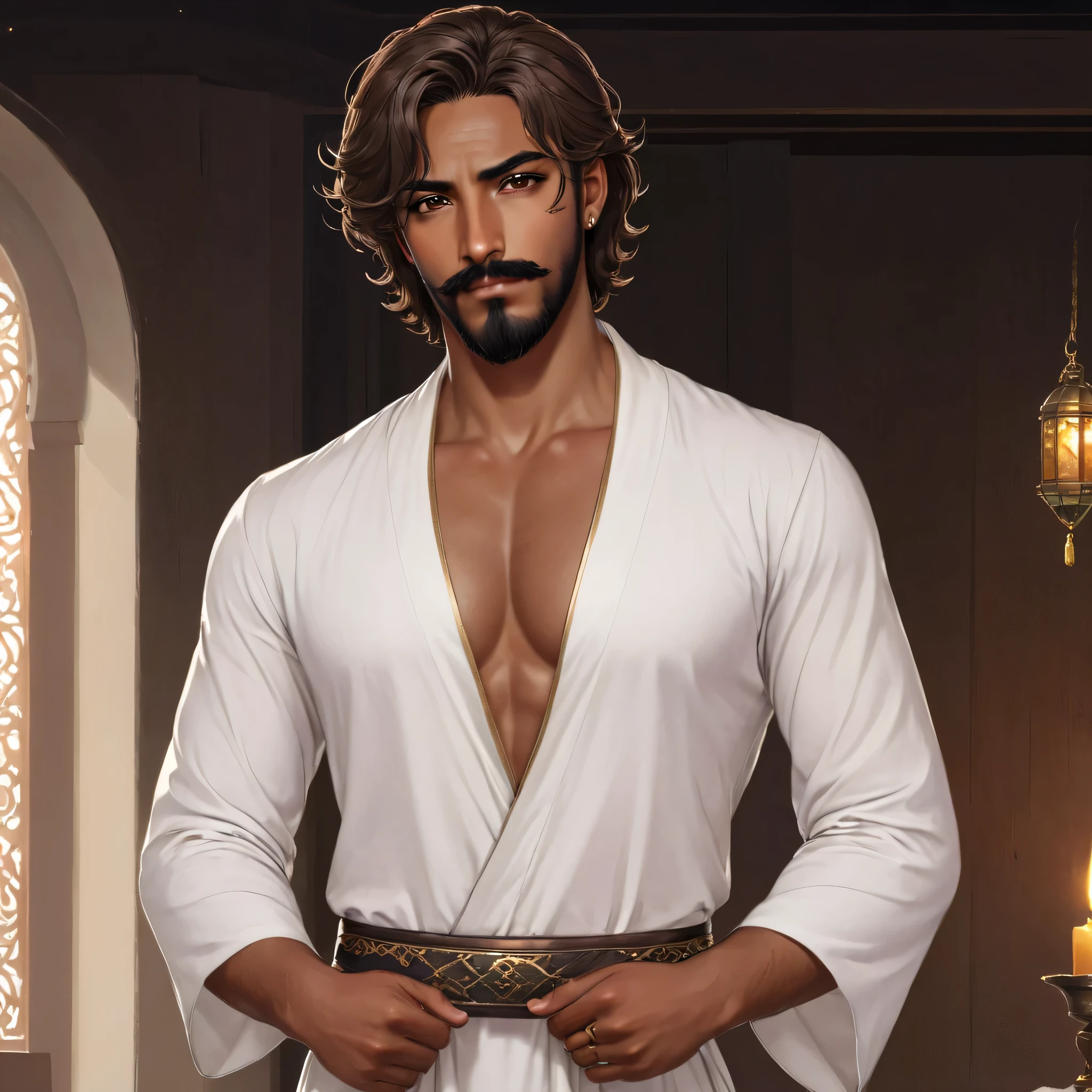 1boy, facial_hair, male_focus, solo, beard, ring, jewelry, knife, dark-skinned_male, looking_at_viewer, robe, dark_skin, brown_hair, dagger, brown_eyes, mustache, pectoral_cleavage, facial_hair, male_focus, solo, pectorals, beard, jewelry, mature_male, white_pants, ring, brown_hair, chest_hair, feet_out_of_frame, shirt, partially_unbuttoned, pants, white_shirt, short_hair, thick_eyebrows, kamal, visual_novel
