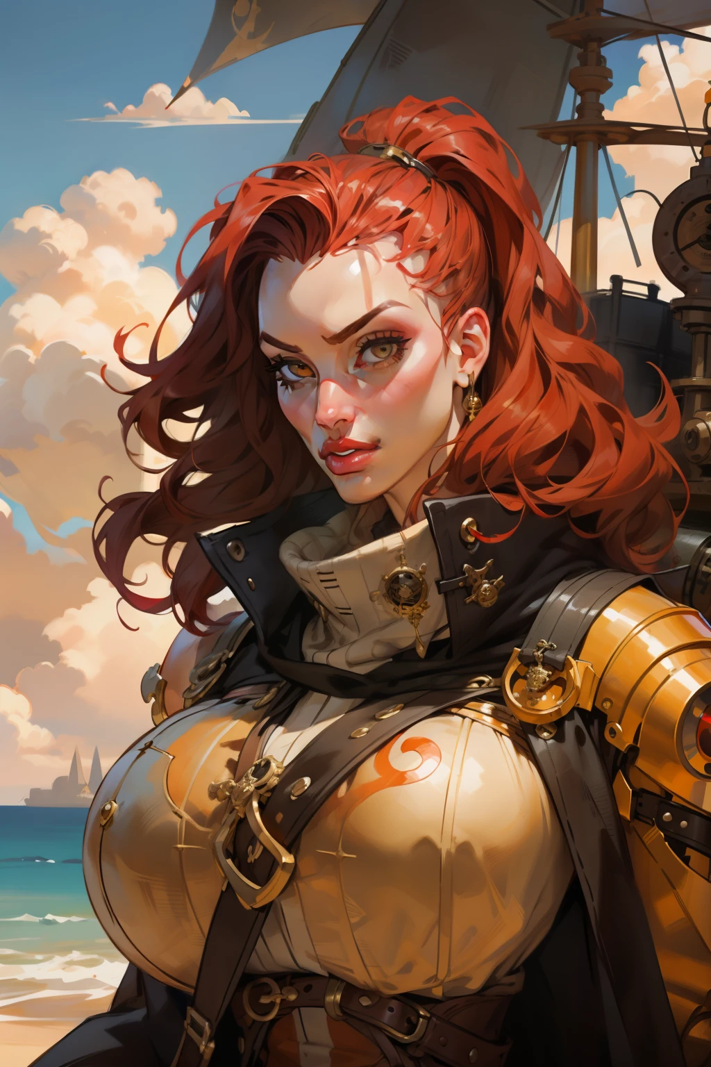 Girl with wavy red hair and rebellious, ((hair slicked back)), golden eyes and tanned skin, Steampunk pirate style clothes, (gigantic breasts), background with clouds, realistic style.