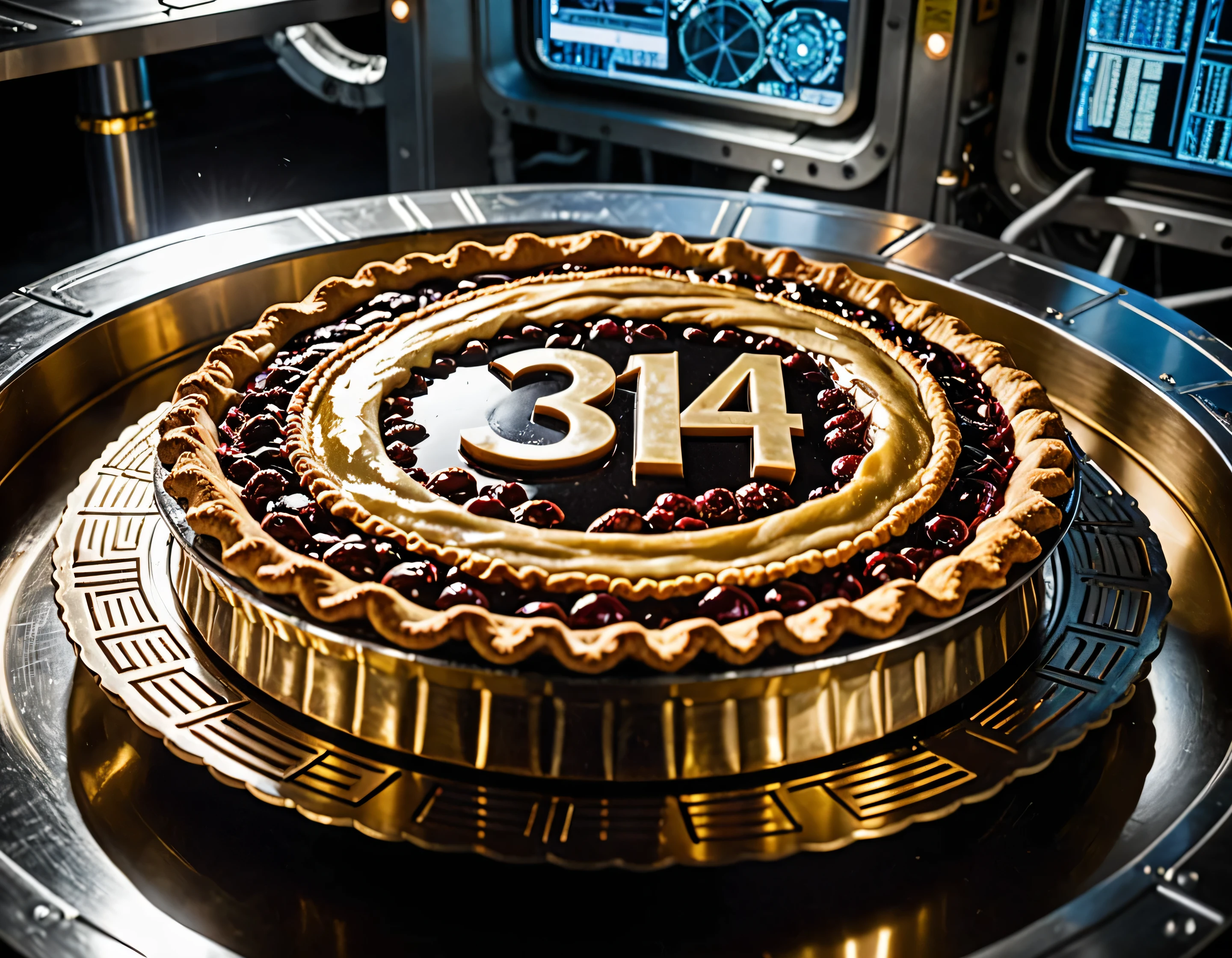 A piping hot, golden-crusted pie sits on a sleek, crust says ("314":1.4), metallic table in the sterile environment of a space station. The filling, is a swirling vortex of (mathematical equations, symbols, and calculations). The contrast between the homely comfort of the pie and the futuristic, high-tech surroundings creates an intriguing juxtaposition. The lighting casts dramatic shadows, highlighting the pie's intricate geometry and the table's reflective surface, exuding an aesthetic that blends rustic warmth with cutting-edge technology. (detailed, highres, high quality, high saturation)