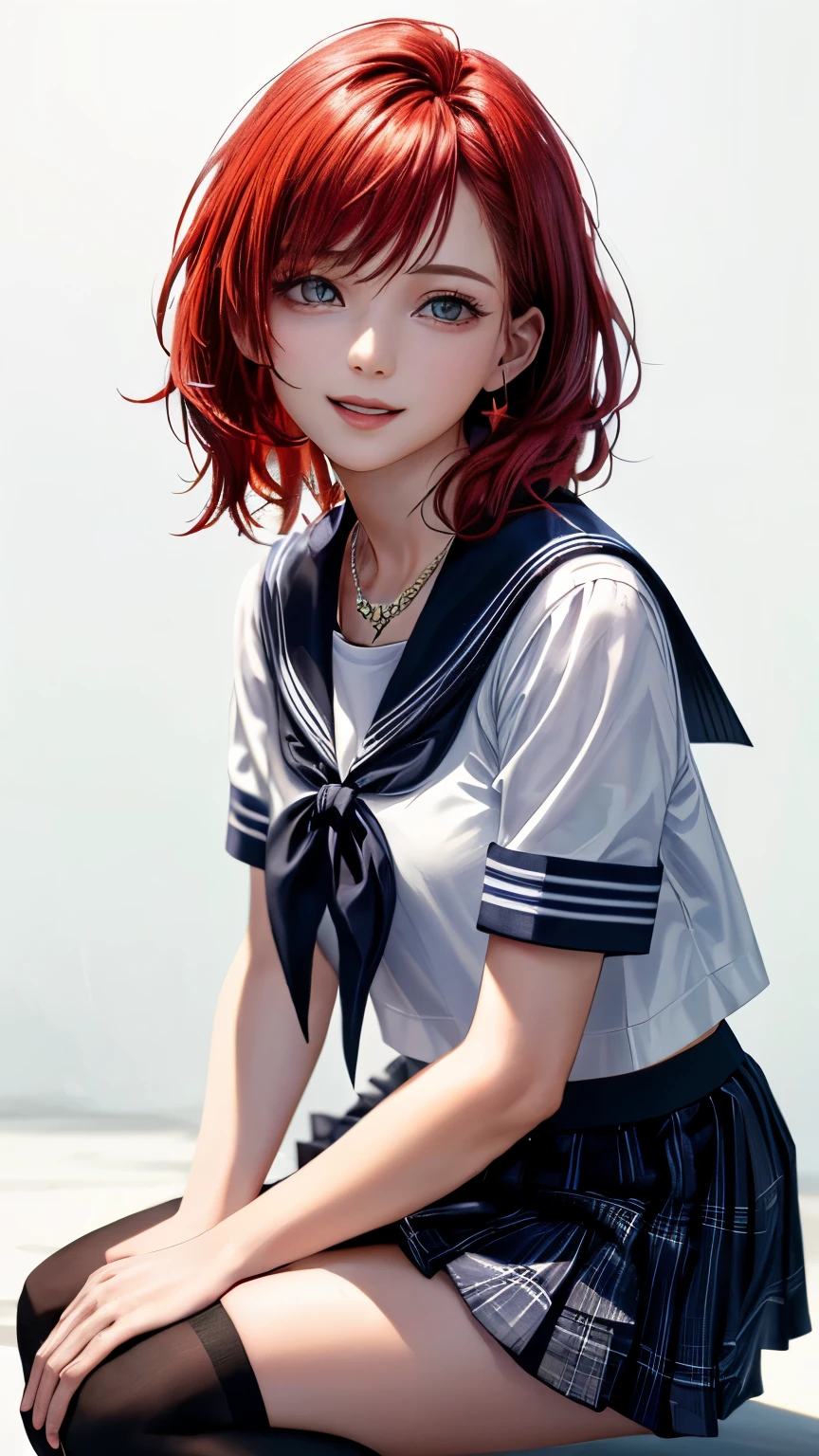 (highest quality、8k、32K、masterpiece)、(realistic)、(Photoreal:1.2)、(High resolution)、Super detailed、very beautiful face and eyes、1 girl、round and small face、thin waist、delicate body、(close、highest quality、high detail、rich skin details)、(highest quality、8k、oil paint:1.2)、Super detailed、(realistic、realistic:1.37)、bright colors、(((Red hair)))、(((full body shot)))、(((medium hair)))、(((pure white wall background)))、(((pure white wall background)))、(((wear a sailor suit)))、(((I'laughter)))、(((wearing a short-sleeved sailor suit)))、(((look straight ahead)))、(((I have Red hair)))、(((wearing a star-shaped necklace)))、(((she is wearing a sailor suit)))、(((touching my hair with my right hand)))、(((brand hair)))、(((plaid pleated skirt)))、(((mini skirt)))、(((I'm wearing black knee socks)))