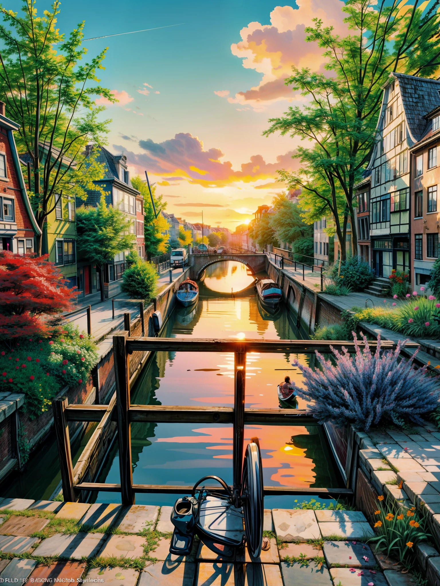 a couple of bikes parked next to each other on a bridge, gorgeous romantic sunset, canals, the netherlands, outdoors european cityscape, scenic colorful environment, golden hour photography, netherlands, amsterdam, stunning sunset, dutch landscape, beautiful summer landscape, canal, beautiful dreamy landscape, beautiful sunrise, beautiful landscape background, landscape scenery, vibrant sunrise, vibrant sunset, colorful sunset, floral sunset, 4k hd,, beautiful art uhd 4 k, a beautiful artwork illustration, beautiful digital painting, highly detailed digital painting, beautiful digital artwork, detailed painting 4 k, very detailed digital painting, rich picturesque colors, gorgeous digital painting