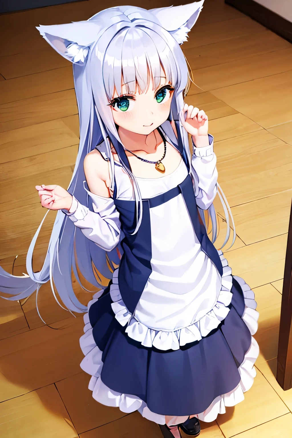 Cabello largo plateado, ojos verdes, headband, necklace, apron, wolf ears, wolf tail, flat breast, sonrisa, happy, muslos hermosos, inside house