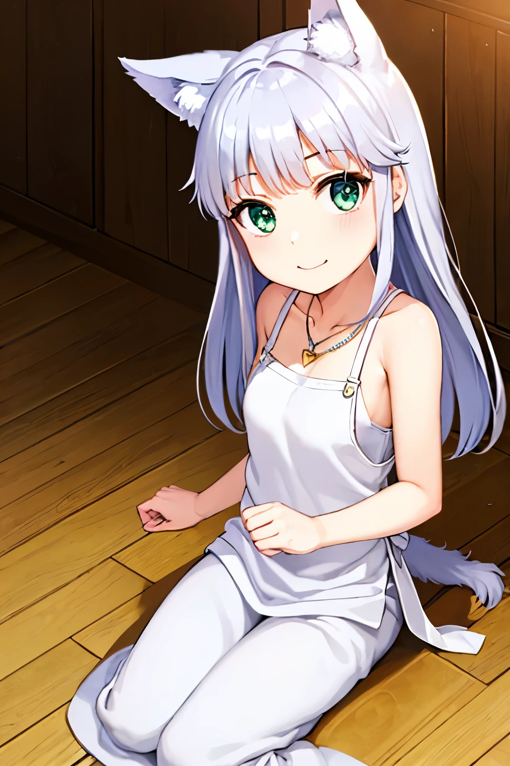 Cabello largo plateado, ojos verdes, headband, necklace, apron, wolf ears, wolf tail, flat breast, sonrisa, happy, muslos hermosos, inside house