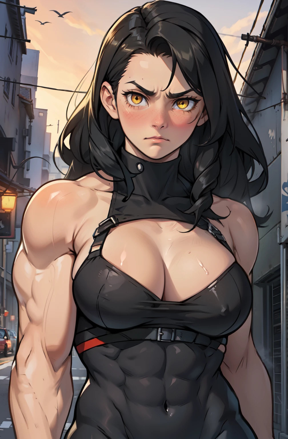 muscular girl toned body yellow eyes black hair pale skin sad frown blush perky breasts
