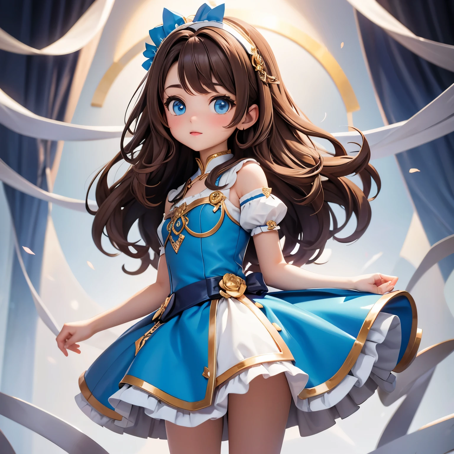 16x fluffy brown hair, blue eyes, 2 piece dress