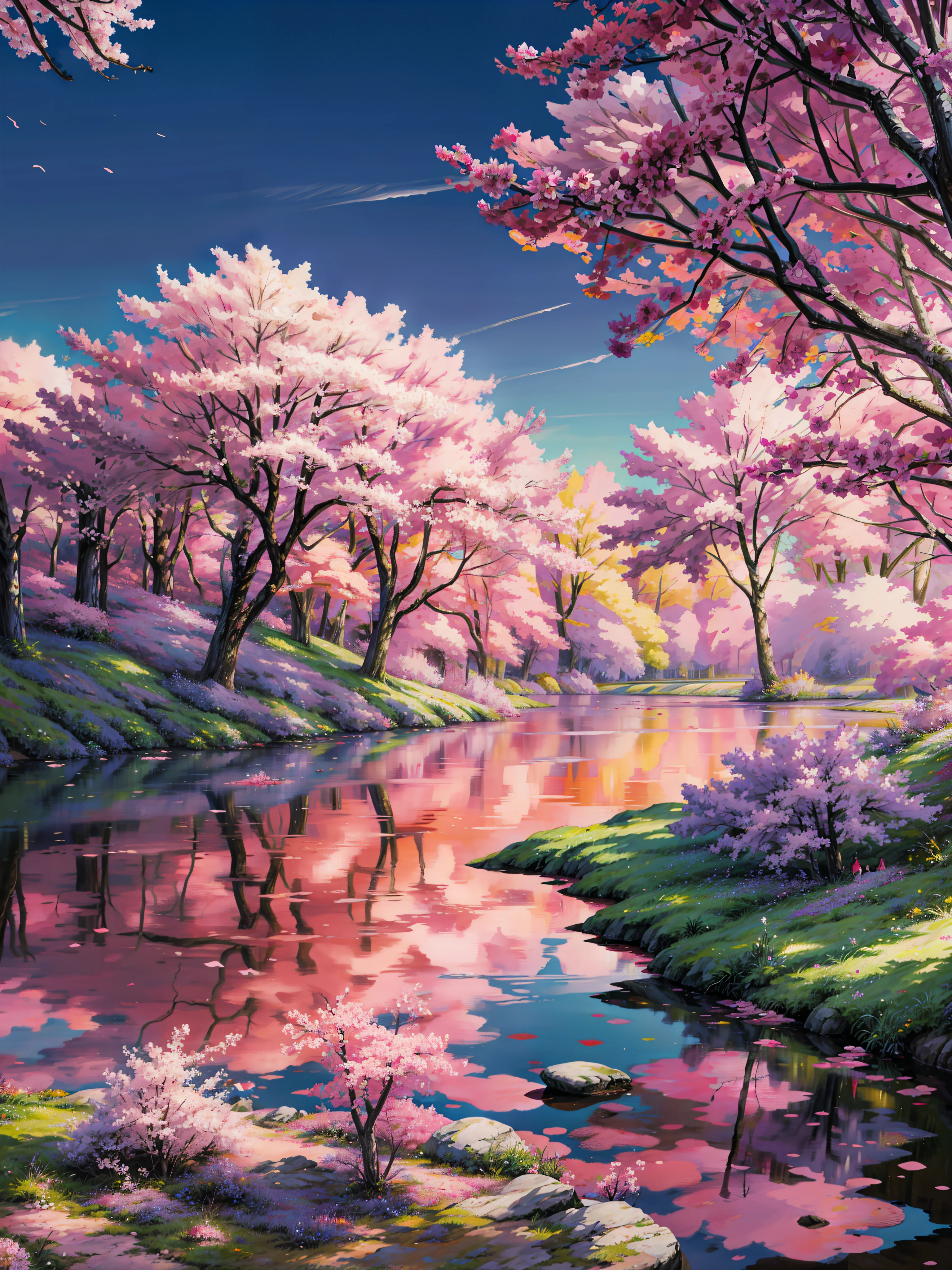a painting of a lake surrounded by trees and flowers, pink landscape, cherry blossom forest, pink trees, pink tree beside a large lake, pink forest, tall purple and pink trees, pink reflections, lush sakura trees, cherry blossom trees, colorful landscape painting, in pink forest, dream scenery art, magenta trees, magical forest backround, purple flower trees, 4k hd,, beautiful art uhd 4 k, a beautiful artwork illustration, beautiful digital painting, highly detailed digital painting, beautiful digital artwork, detailed painting 4 k, very detailed digital painting, rich picturesque colors, gorgeous digital painting