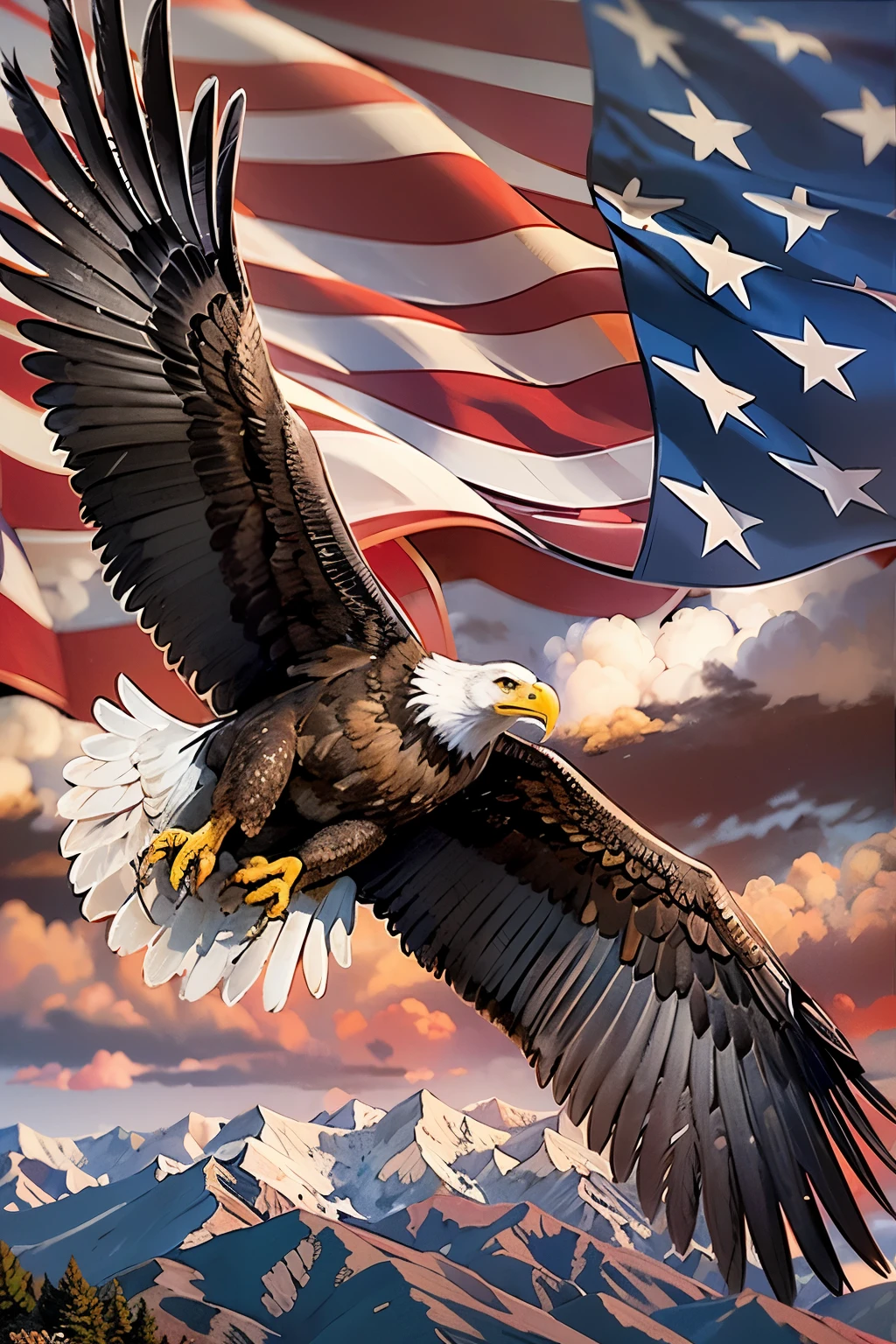 A life-like picture of a proud majestic American Bald Eagle in flight over the top of a mountain. A bold, proud American flag flies in the background. dynamic lighting, bold lines