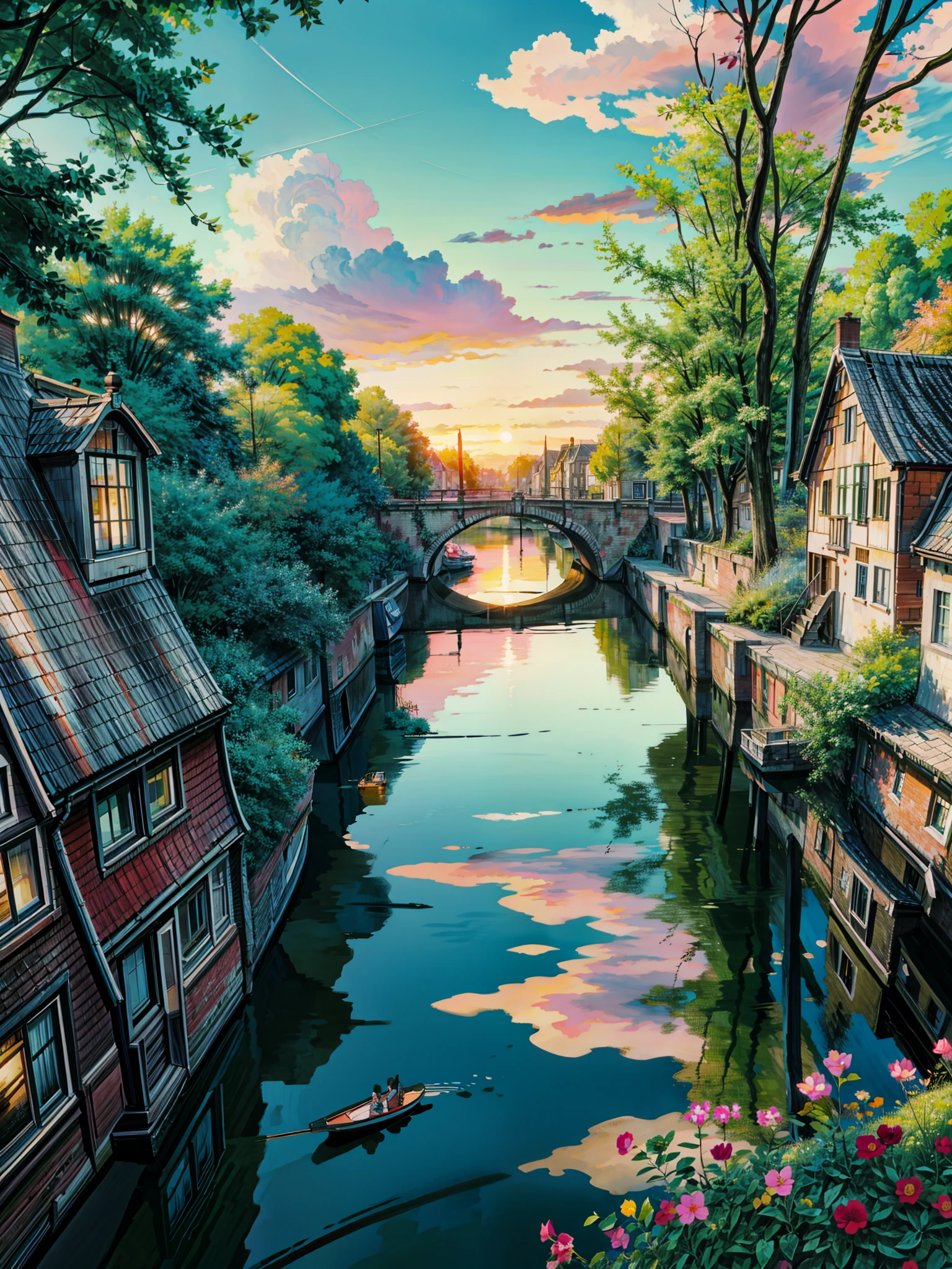 a couple of bikes parked next to each other on a bridge, gorgeous romantic sunset, canals, the netherlands, outdoors european cityscape, scenic colorful environment, golden hour photography, netherlands, amsterdam, stunning sunset, dutch landscape, beautiful summer landscape, canal, beautiful dreamy landscape, beautiful sunrise, beautiful landscape background, landscape scenery, vibrant sunrise, vibrant sunset, colorful sunset, floral sunset, 4k hd,, beautiful art uhd 4 k, a beautiful artwork illustration, beautiful digital painting, highly detailed digital painting, beautiful digital artwork, detailed painting 4 k, very detailed digital painting, rich picturesque colors, gorgeous digital painting