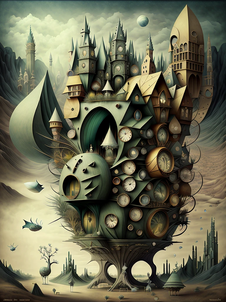 Remedios Var, Jacek Yerka and Gabriel Pacheco, neo surrealism, maze of cubic world cubic slow arts by Sam Szafran, Adrian Donoghue, Alberto Seveso, Anna Dittmann, Arthur Rackham, Giger, centered, highly detailed, whimsical art, painting, fantasy, magical realism, bizarre art, pop surrealism