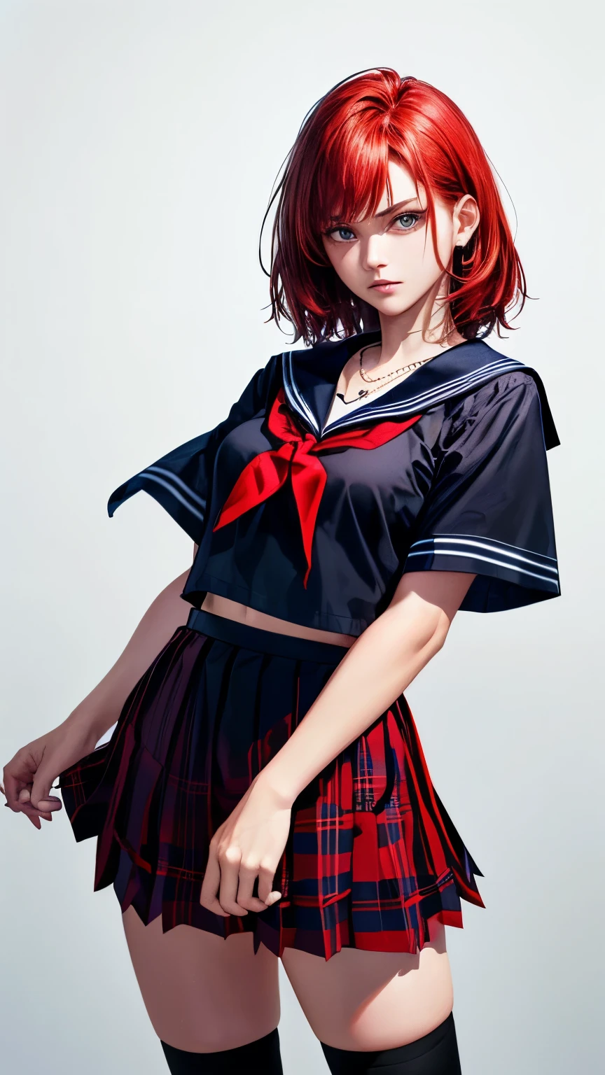 (highest quality、8k、32K、masterpiece)、(realistic)、(Photoreal:1.2)、(High resolution)、Super detailed、very beautiful face and eyes、1 girl、round and small face、thin waist、delicate body、(close、highest quality、high detail、rich skin details)、(highest quality、8k、oil paint:1.2)、Super detailed、(realistic、realistic:1.37)、bright colors、(((Red hair)))、(((full body shot)))、(((medium hair)))、(((pure white wall background)))、(((pure white wall background)))、(((wear a sailor suit)))、(((I'm a little angry)))、(((wearing a short-sleeved sailor suit)))、(((look straight ahead)))、(((私 have Red hair)))、(((wearing a star-shaped necklace)))、(((she is wearing a sailor suit)))、(((I am standing with my forearms crossed over my chest.)))、(((brand hair)))、(((plaid pleated skirt)))、(((mini skirt)))、(((I'm wearing black knee socks)))