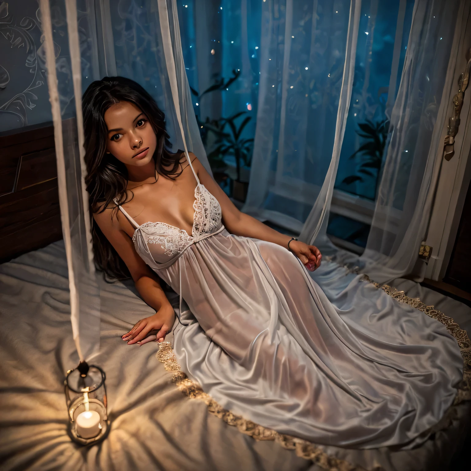 1girl,(bright lighting,romantic setting),dreamy background,,dark hair, mesmerizing gaze, , soft skin, alluring beauty, artistic portrait, high-quality image, vibrant colors,translucent long silk gown, mosquito net, lying down, romantic bedroom, 