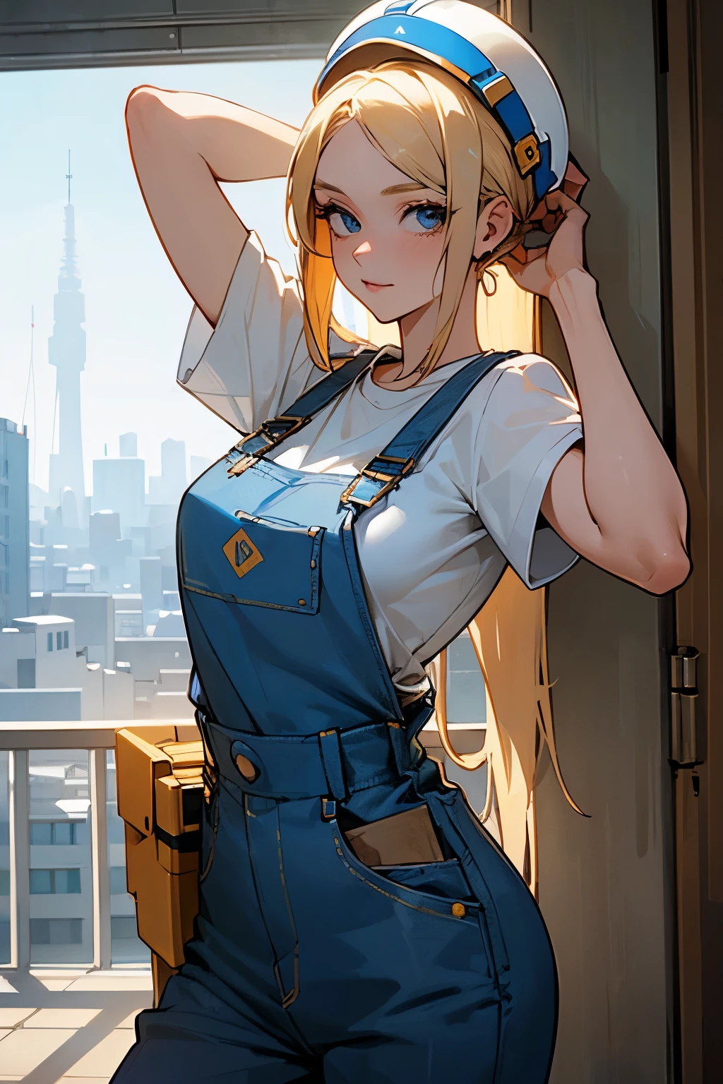 a beautiful young 20-year-old blond woman with pinned-up blond hair, He wears a white T-shirt and blue dungarees, Wearing a construction helmet and a tool belt, Hintergrund eine Baustelle