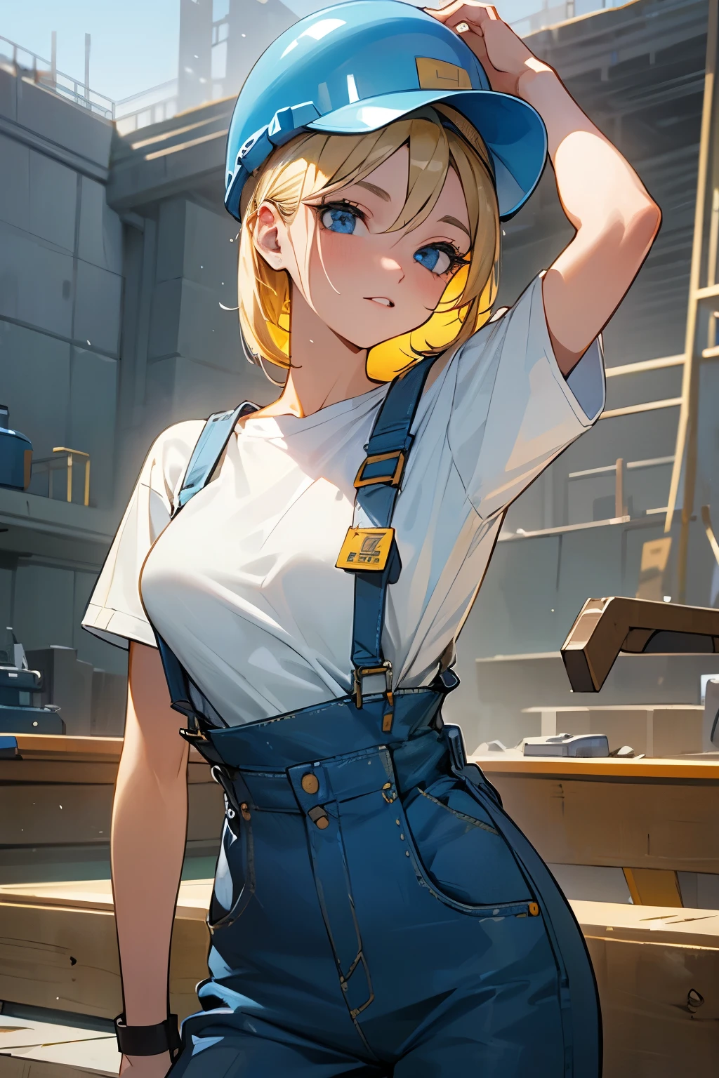a beautiful young 20-year-old blond woman with pinned-up blond hair, He wears a white T-shirt and blue dungarees, Wearing a construction helmet and a tool belt, Hintergrund eine Baustelle