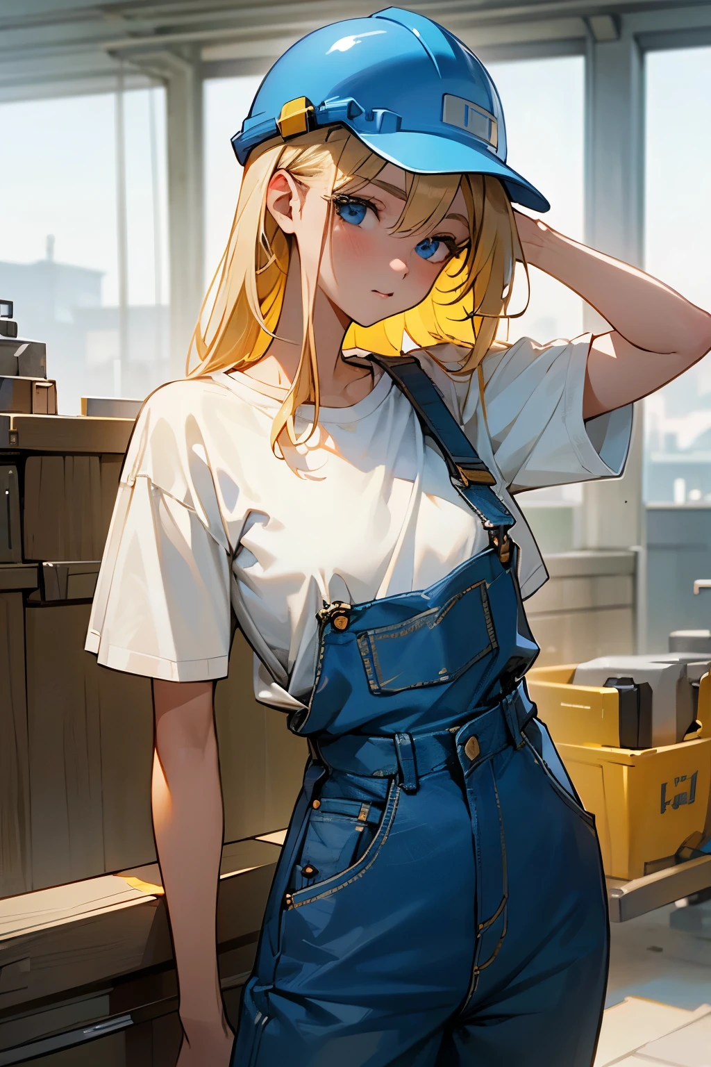 a beautiful young 20-year-old blond woman with pinned-up blond hair, He wears a white T-shirt and blue dungarees, Wearing a construction helmet and a tool belt, Hintergrund eine Baustelle