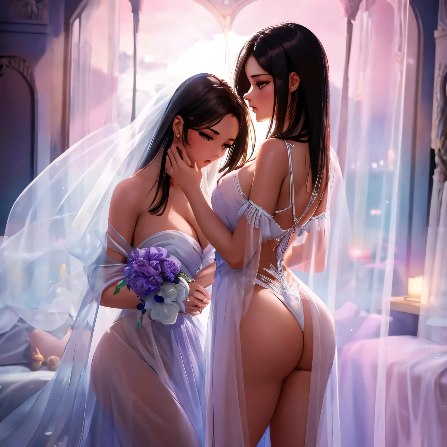 two girl kissing, see her ass,(bright lighting,romantic setting),dreamy background,bondage,dark hair, mesmerizing gaze, , soft skin, alluring beauty, artistic portrait, high-quality image, vibrant colors,translucent silk wedding dress, mosquito net,