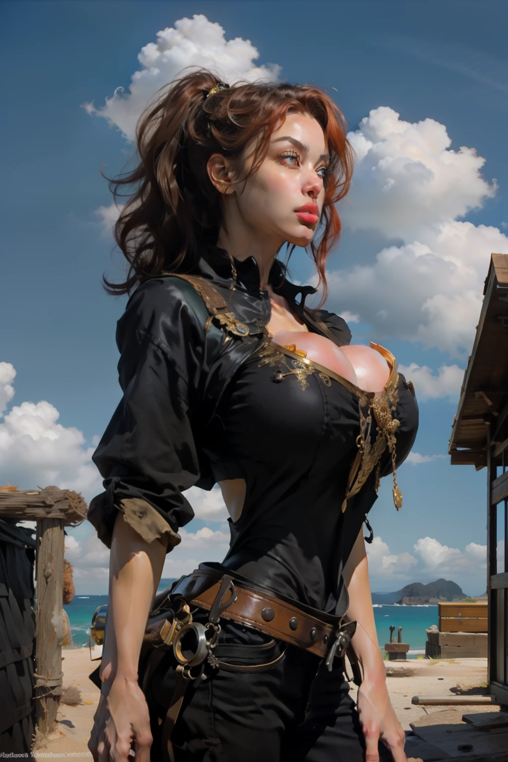 Girl with wavy red hair and rebellious, ((hair slicked back)), Caucasian woman,golden eyes and tanned skin, round breasts,Steampunk pirate style clothes, (gigantic breasts), background with clouds, realistic style.