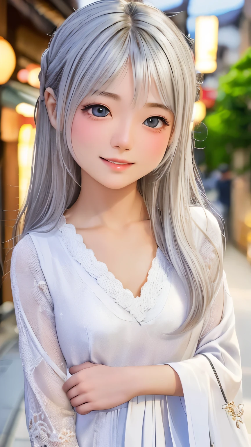 (((highest quality))),(((super detailed))),masterpiece,(((realistic))),(((Photoreal))),Russian、１men and women、beautiful silver hair、Natural light、smooth lips、small nose、((No makeup))、(((Cute beautiful perfect face at 18 years old)))、small breasts、cute pose 、(smile gently)、((detailed face)), ((Upper body details)), (delicate skin), white skin,(cold color)、(highest quality) ,Gion Walk、((blurred background))