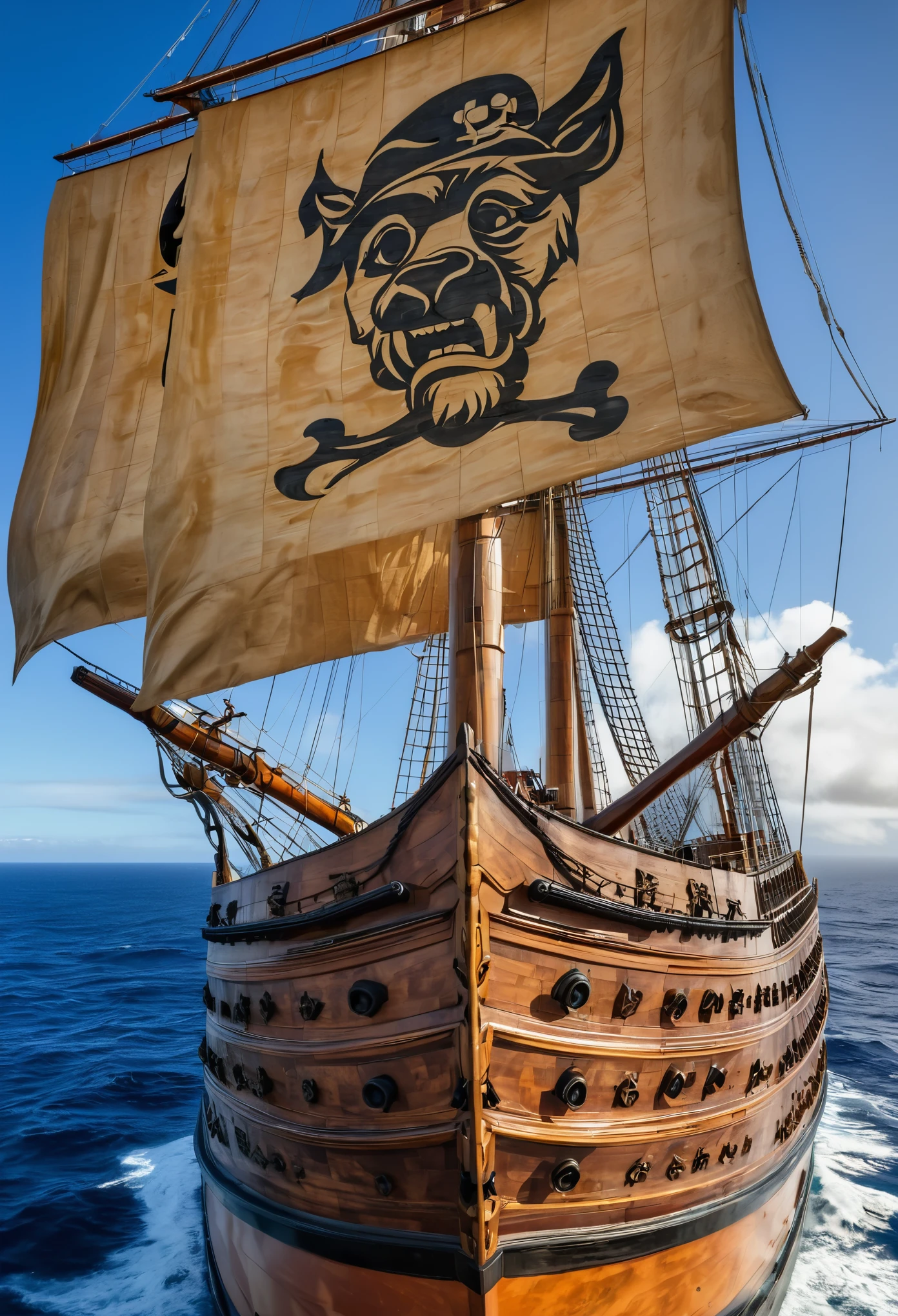 Um grande navio de madeira, pirate flag whose symbol is a 3-headed dog, 3 giant dog heads carved out of wood on the stern of the ship. Altamente detalhado, HDR, perfeito, Beyond imagination, 8k, global ilumination, wide angle, raios de deus, mundo dos sonhos