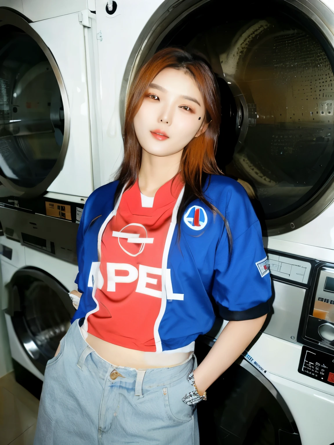 Korean woman wearing a shirt standing in front of a washing machine, Beautiful waist, Sharp eyes, Expressive eyes, Beautiful eyes