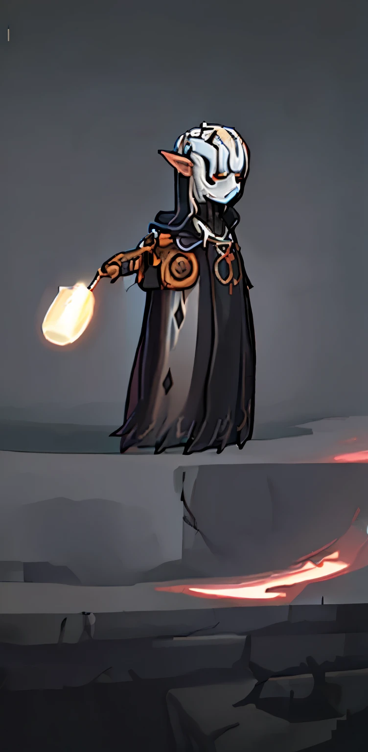 alabaster dark elf in a cloak covering his body, mask made of pipes