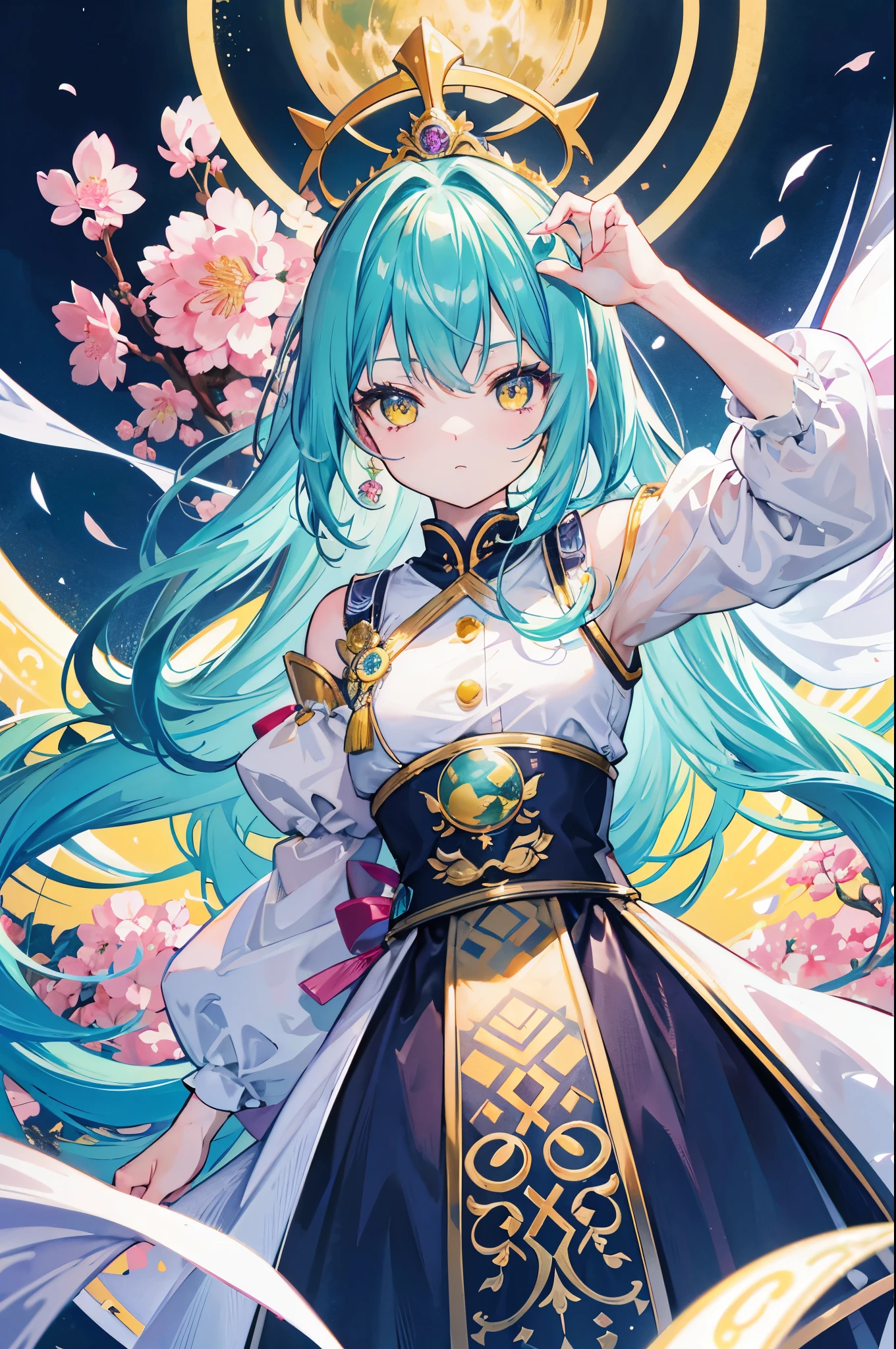 fisheye lens effect, capturing a wide field of view with a distinctive, curved perspective. 1girl with long light teal hair highlighted by yellow glow in the back hair ,detailed shiny yellow eyes ,wears celestial uniform and royalty sakura flowe crown, masterpiece