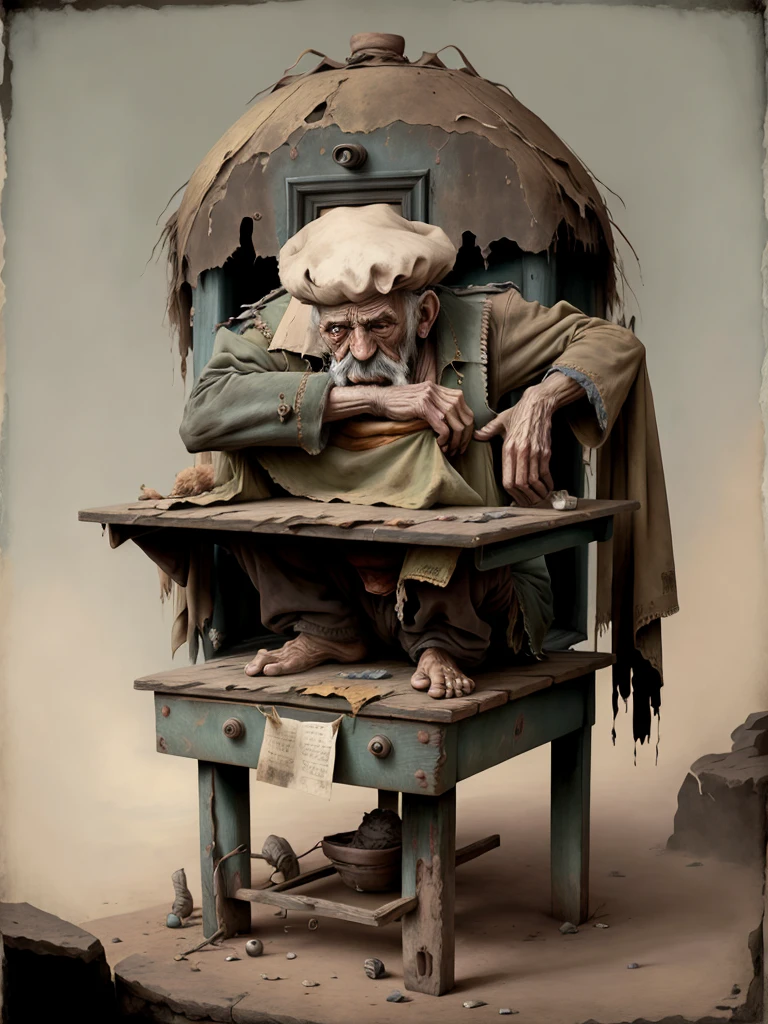 An old tramp sits on the table and shits under himself