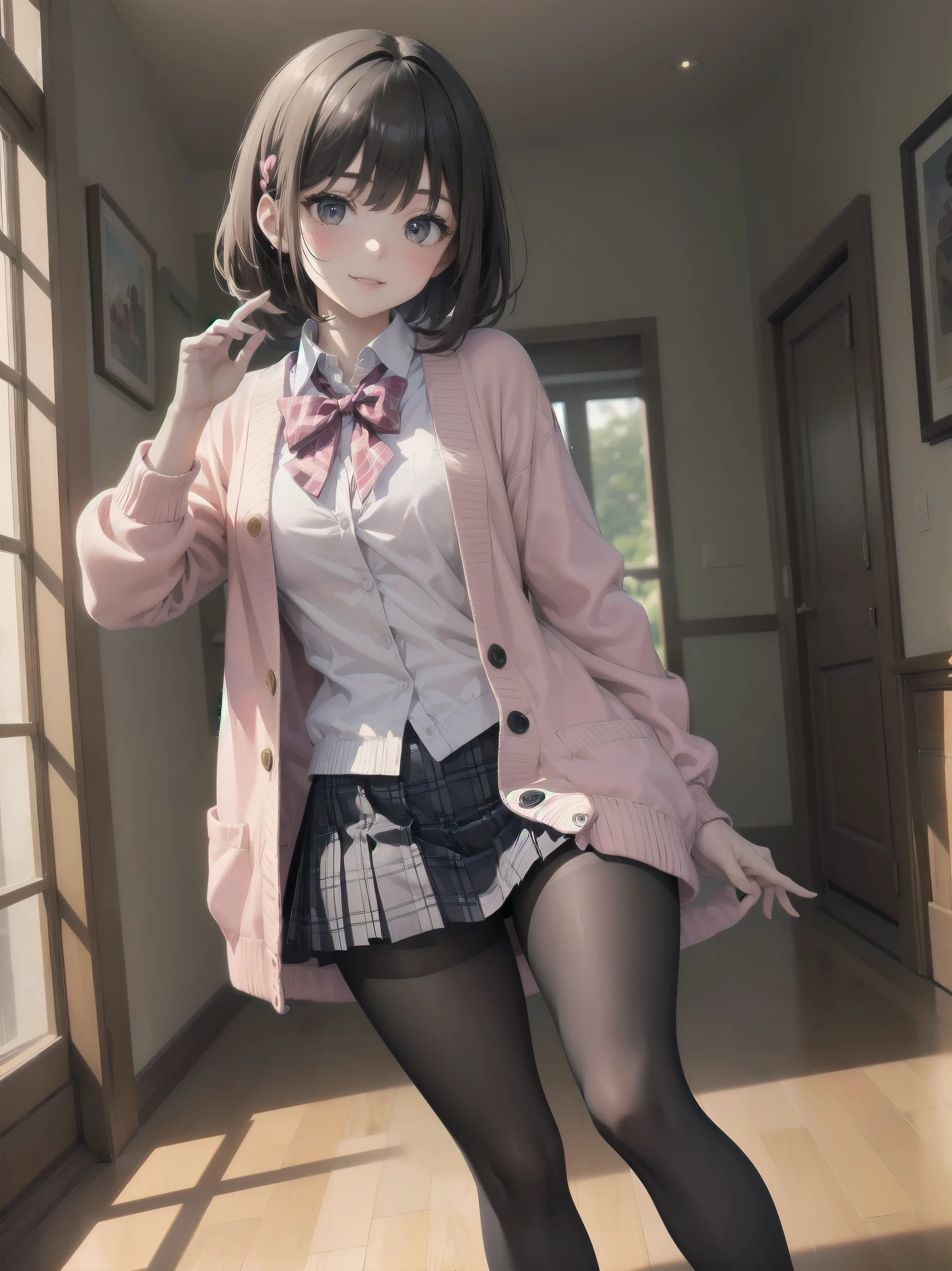 (Ultimate masterpiece), (Superb quality), (Ultra-detailed), High resolution, Ultimate beauty, High saturation, Vivid,.
1 beautiful girl,(cute girl),(thighs, black tights),(loafers),(pink cardigan),(gingham check priss skirt),.
Super smile, brown hair, one length bob cut braided, hair ribbon, (standing, dynamic pose), prestigious private girls high school, indoor background,
Uniform fashion magazine shoot, professional shading, best illustration of her looking pretty.