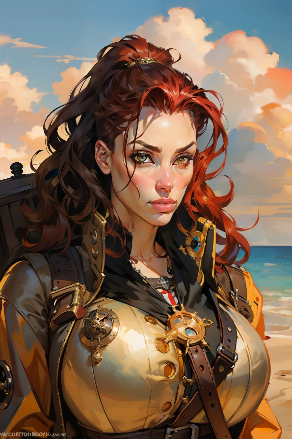 Girl with wavy red hair and rebellious, ((hair slicked back)), Caucasian woman,golden eyes and tanned skin, round breasts,Steampunk pirate style clothes, (gigantic breasts), background with clouds, realistic style.