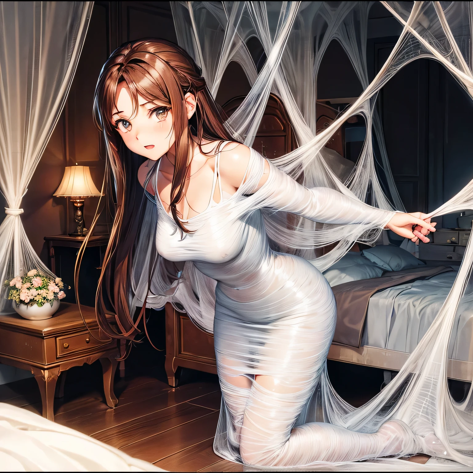 1girl,Spider weaving a net on the girl,réalism:1.2,ultra-detailed,bedroom setting,stretched pose,struggling in the net,brown haired,very long sheer skirt,oaken floor,soft sunlight,delicate spider silk,lace curtains,bedside table,decorative pillows