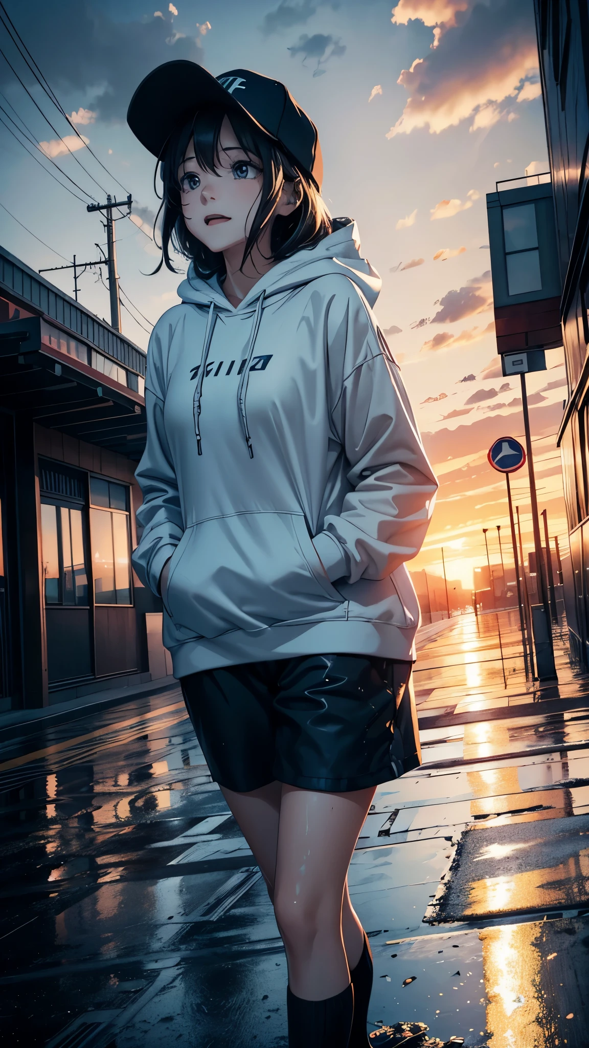 cinematic artwork of a woman walking alone, (she is looking up:1, wearing a hoodie, wearing a sports hat, laughing, hands in the pocket, professional image), cinematic atmosphere, semi-realistic, [:(perfect face, expressive face,expressive eyes):8], detailed textures, uhd, reflections, low angle, at the sunset, hair in the wind, breathtaking, alone, solitude, relaxed atmosphere, cozy, (freedom feeling), gorgeous sky, dynamic angle, wet floor. volumetric clouds, upper body shot, 8k, masterpiece, anime masterwork, wallpaer, award winner,
