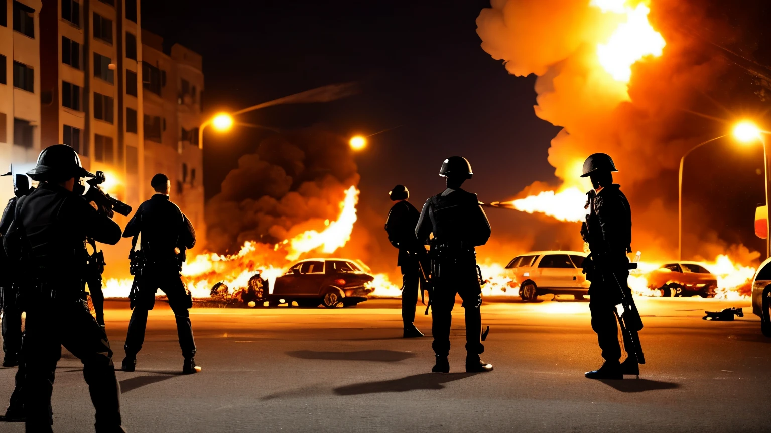 Soldiers shooting at gangsters
All in black clothes
At night
City on fire