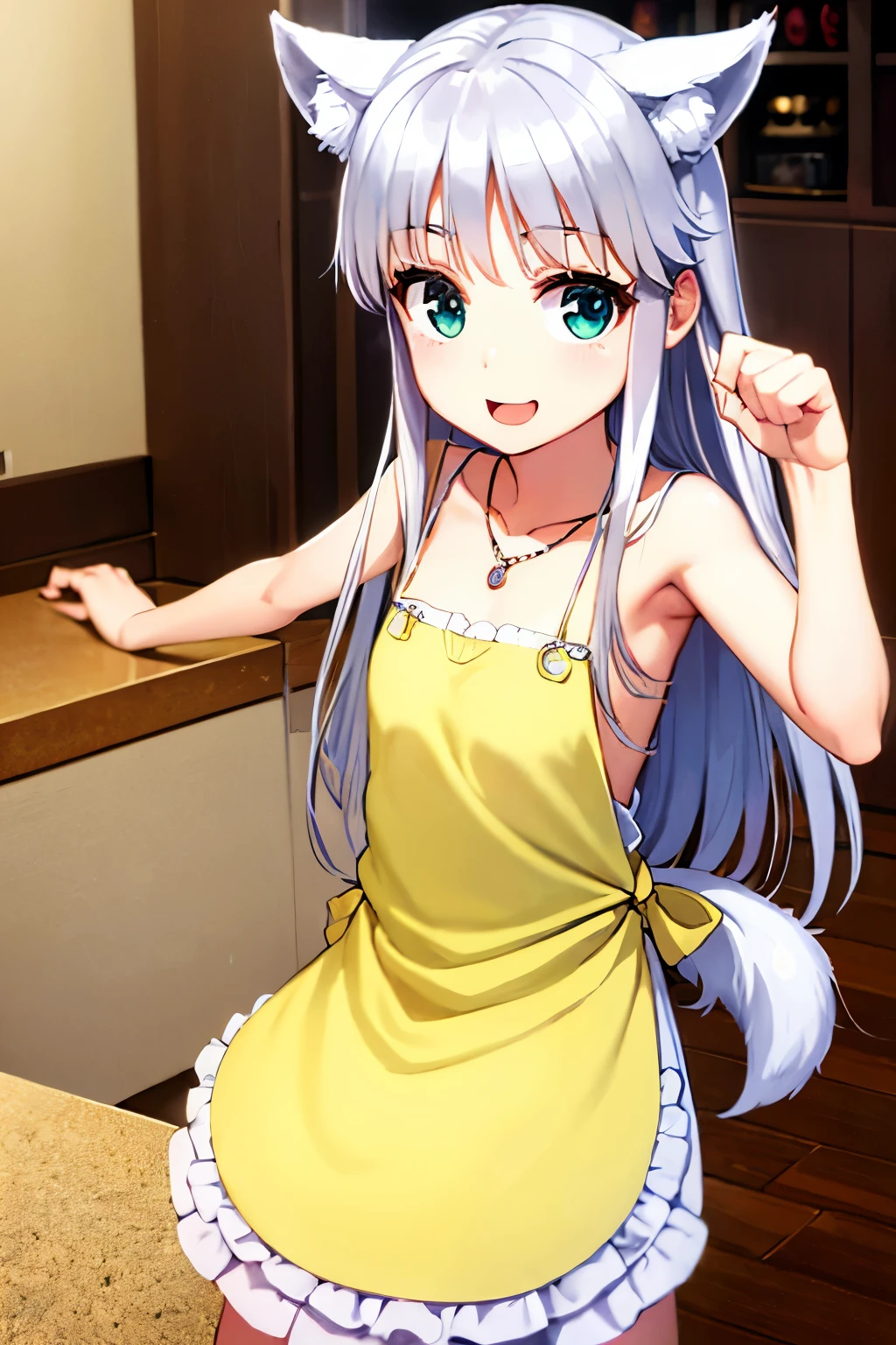 Cabello largo plateado, ojos verdes, headband, necklace, apron, wolf ears, wolf tail, flat breast, sonrisa, happy, muslos hermosos, inside house