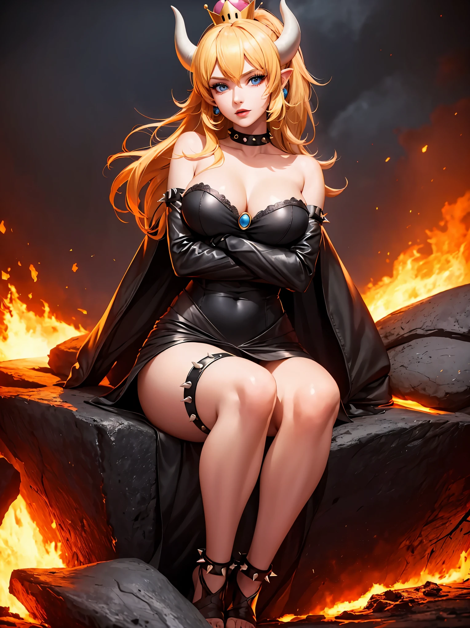 ((high detailed, best quality, 4k, masterpiece, hd:1.3)), ((best quality)), (((HD))), (((8k))), (ultraDH), (ultra HD), Princess Daisy, blue eyes, BREAK blue eyes, seductive, attractive, smooth anime cg art, 36C breasts, long legs, vivid colors, detailed digital art, slim body, perfect skin, dark blonde hair, long hair, blonde hair, blonde hair, BREAK crown, cleavage, 36C cleavage, looking at viewer, BREAK looking at viewer, extremely detailed face, red santa suit, red santa claus suit, santa claus suit, earrings, gem, dark black makeup lips, dark gothic eyeshadows, dark eyeshadows, black eyeshadows, black sexy lips, black lips, (dark:1.2), dark lips, very dark lips, (perfect hands, perfect anatomy), black makeup, black medium lips, black thick lips, detailed fingers, five fingers per hand, 5 fingers, (1 girl), detailed lips, detailed black lips, black painted lips, gothic painted lips, BREAK night, night sky, (breast focus), (arms outstreched:1.2), (from above:1.1), (breasts out:1.3), (off shoulder:1.1), (white horns), (bra), inside a lava castle, she inside a sea of lava, she bathing in lava, full body, perfect long legs, perfect foots, legs and foots into the lava,