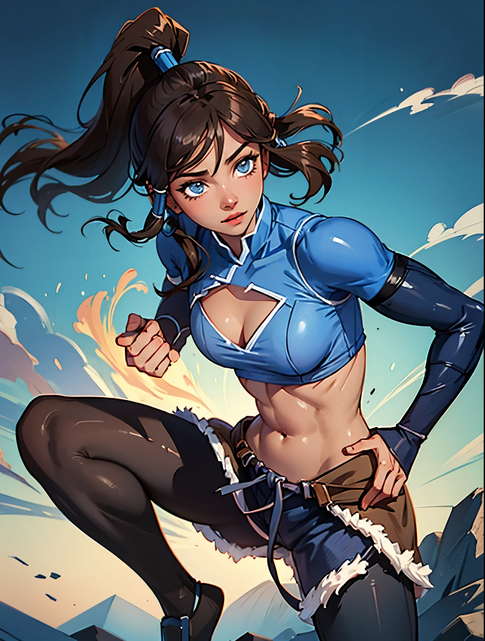 Korra, dark skin, dark skinned female, pony tail, muscular female, (NSFW), quality, Detailed, High Resolution,