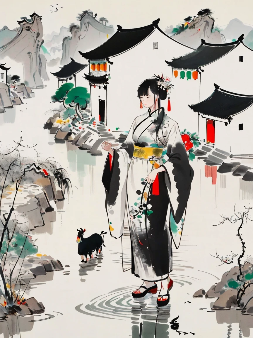 Wu Guanzhong style,Emerging young artists supported by Wu Guanzhong,Through the fusion of traditional and modern elements,It rains during the Qingming season,(a lovely chinese lady:1.3),Dressed in light-colored Hanfu,Weeding with a hoe,A black cow eats grass,she is in the fields,River in the distance、grassland,There are mountains in the distance,Birds circling in the sky,Green onions。The entire scene is depicted vividly and in the artistic style of Wu Guanzhong,That is, using the techniques of Chinese ink painting combined with modern composition and color,Showing a unique modern Chinese aesthetic,WuGuanZhong