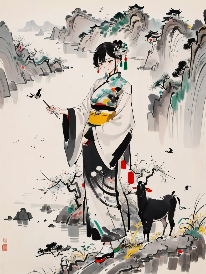 Wu Guanzhong style，Emerging young artists supported by Wu Guanzhong，Through the fusion of traditional and modern elements，It rains during the Qingming season，(a lovely chinese lady:1.3)，Dressed in light-colored Hanfu，Weeding with a hoe，A black cow eats grass，she is in the fields，River in the distance、grassland，There are mountains in the distance，Birds circling in the sky，Green onions。The entire scene is depicted vividly and in the artistic style of Wu Guanzhong，That is, using the techniques of Chinese ink painting combined with modern composition and color，Showing a unique modern Chinese aesthetic，WuGuanZhong