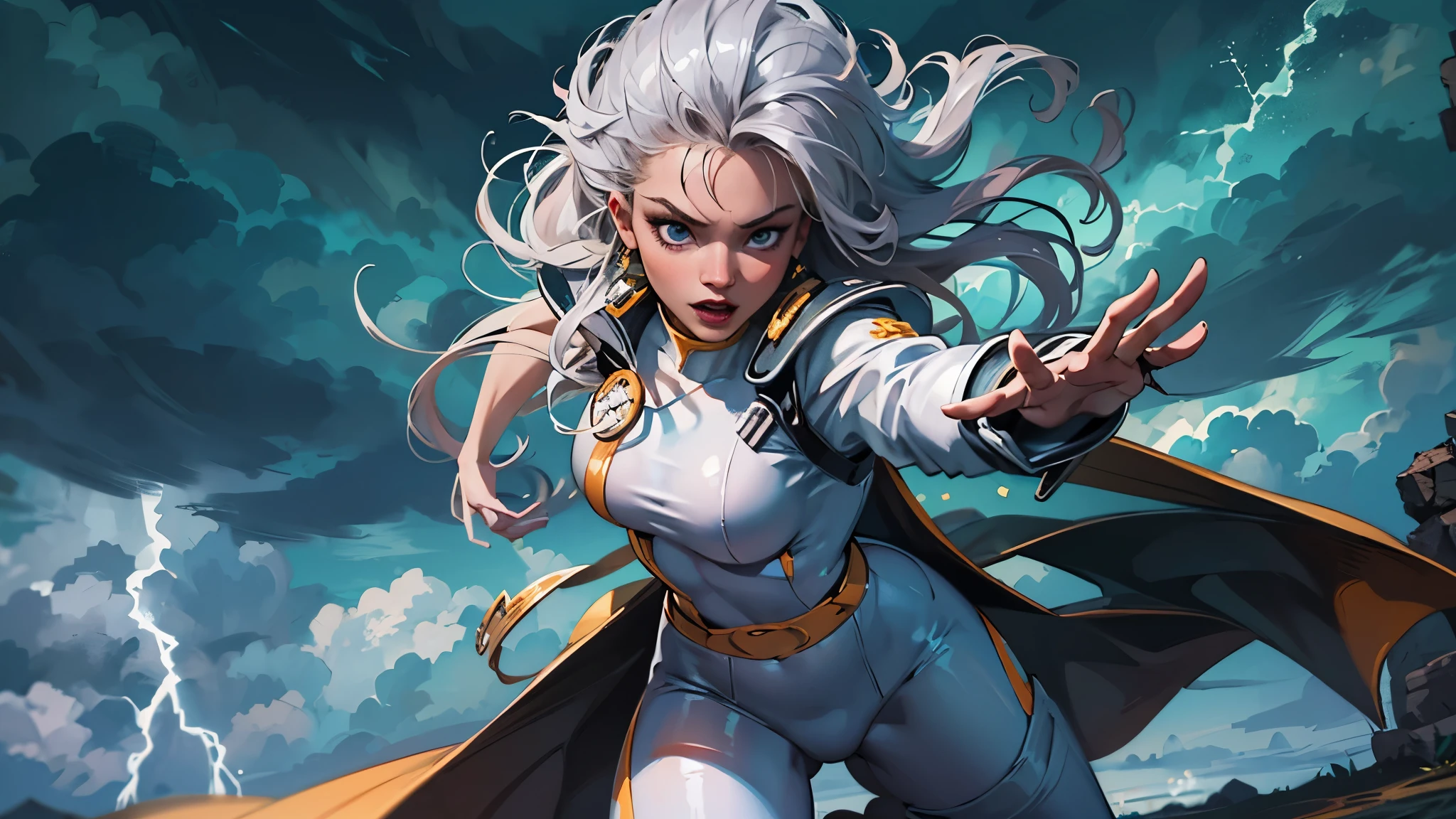 best quality,highres,ultra-detailed,realistic:1.37,professional,dynamic,action shot,storm character art,storm from the X-Men,storm conjuring lightning,storm with flowing white hair,storm with intense gaze,storm in a powerful pose,strong facial features,storm's iconic cape,storm surrounded by storm clouds,storm with dramatic lighting,storm's eyes glowing white,storm's lightning powers crackling,storm with an intense expression,storm with a determined look,storm wearing her classic costume,storm floating in the air,storm with winds swirling around her,storm creating a thunderstorm,storm casting lightning bolts,storm's cape billowing in the wind,storm with a fierce and confident posture,vivid colors,bokeh,portrait. (crotch)