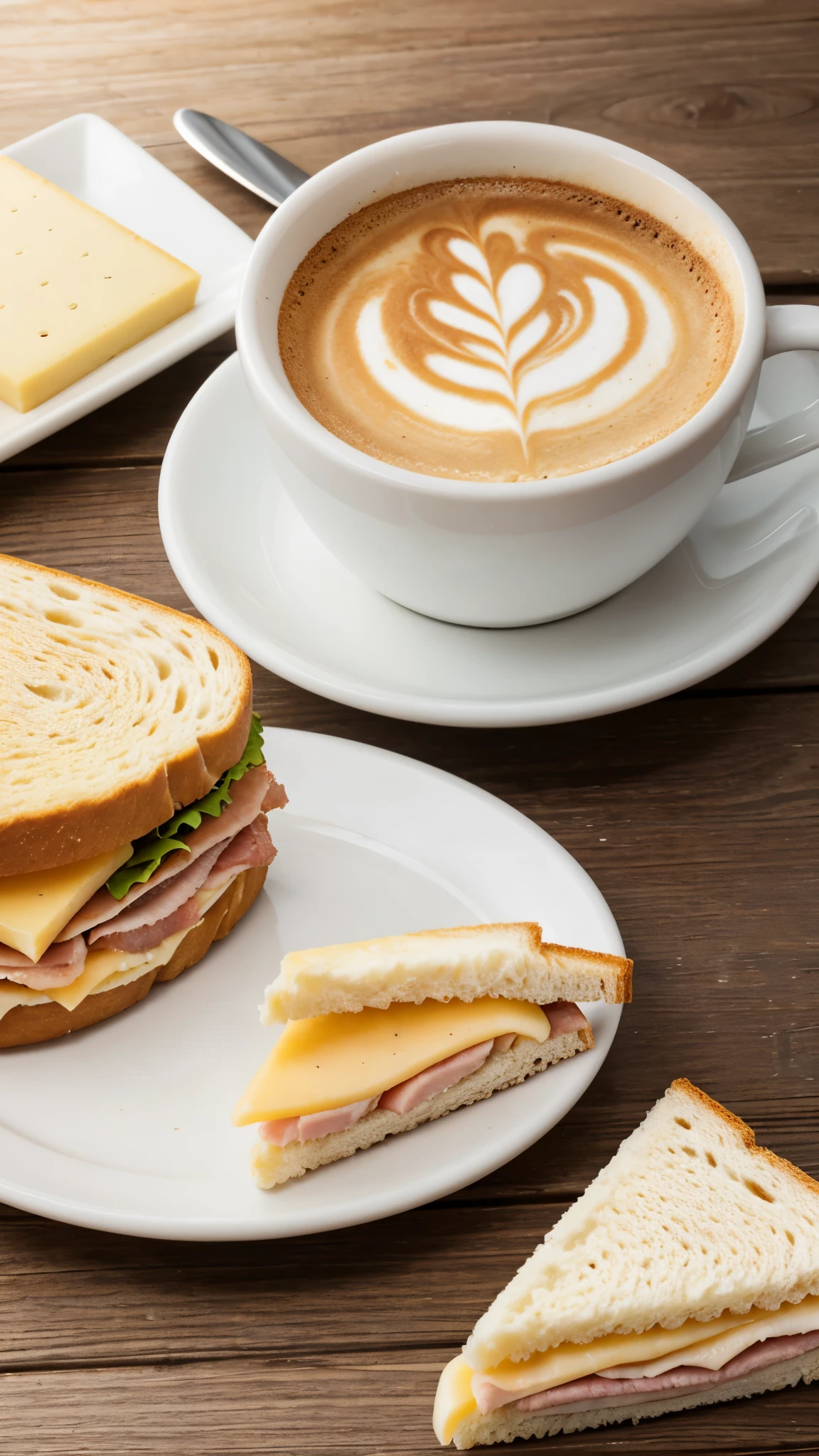 Cup of flat white coffee accompanied by a mixed cheese and ham sandwich 