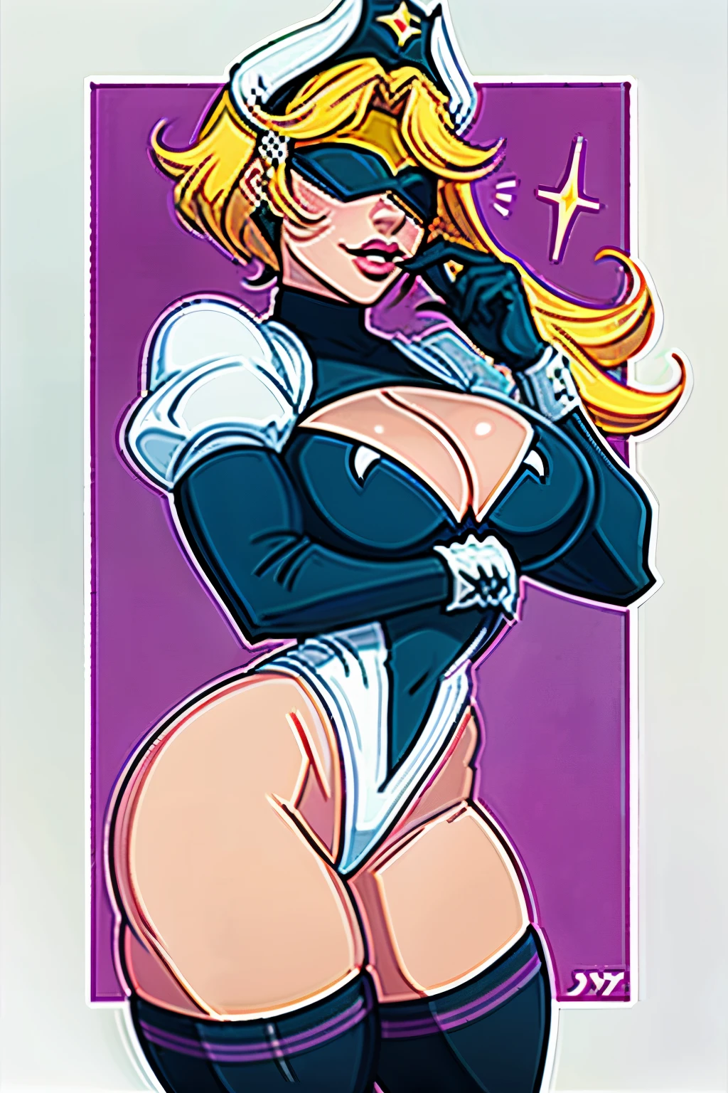 (1girl:1.3), (solo:1.2), curvy, (masterpiece:1.2), (best quality:1.2), (dynamic pose:1.4), (confident:1.2)
iAHFY, pinup, simple shading, (muted colors:1.2), (large breasts:1.4), (cowboy shot:1.2), (stylized background:1.2), abstract background, pop art background, hm2b, black blindfold, covered eyes, mole under mouth, clothing cutout, long sleeves, puffy sleeves, juliet sleeves, feather trim, black thighhighs, black gloves, covered navel, (white leotard:1.2)